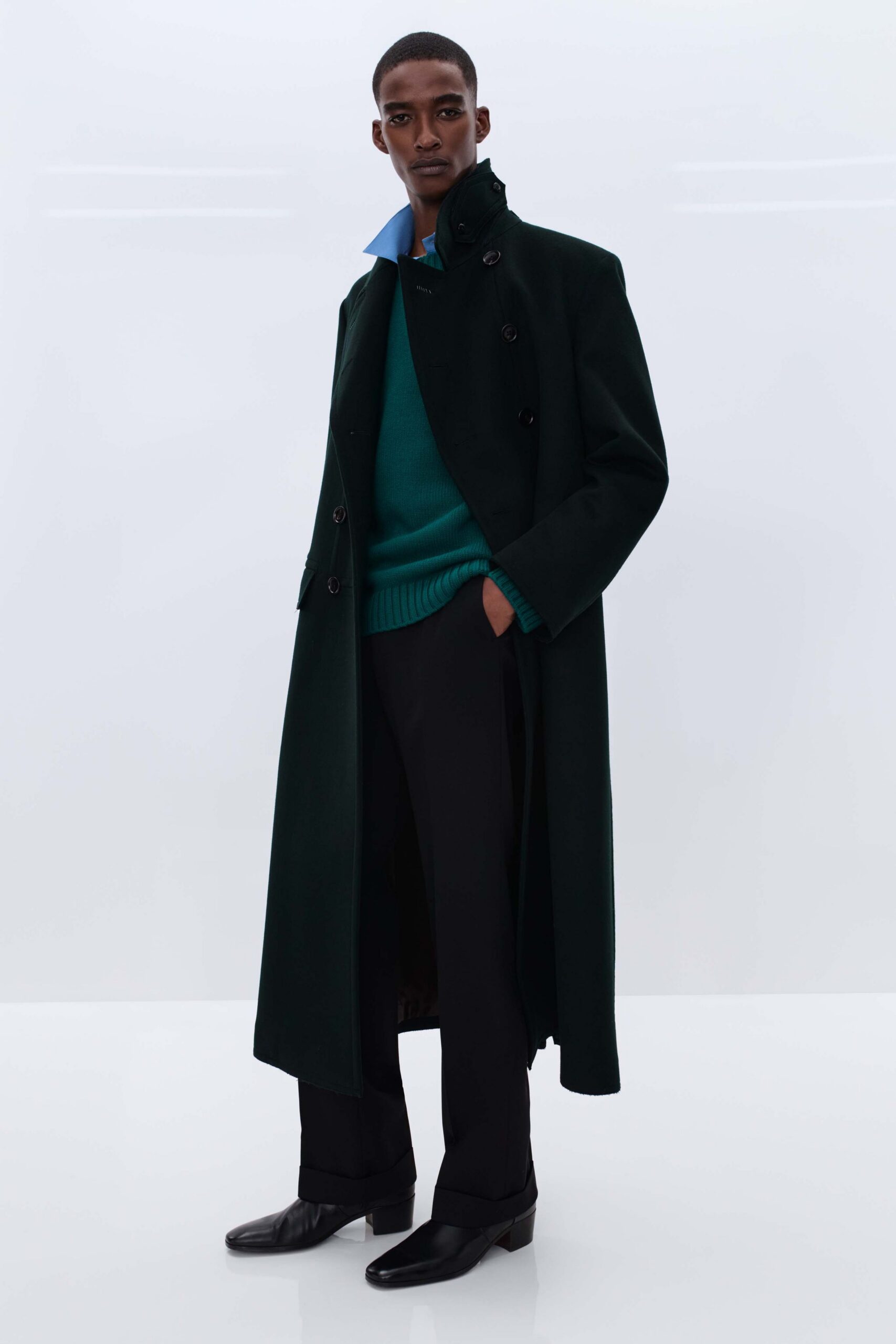 black wool tailored straight-leg pants