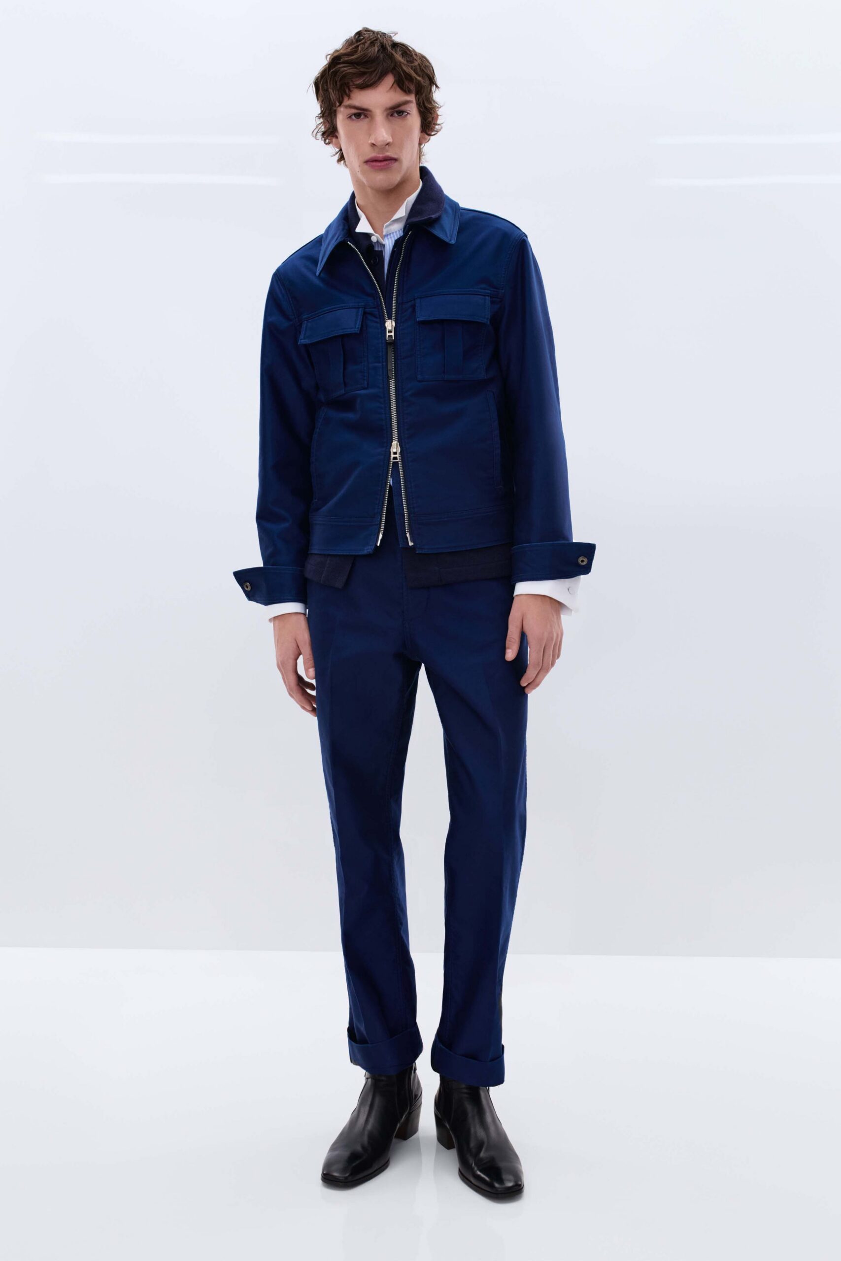 blue cotton long-sleeve collared fitted buttoned zippered jacket