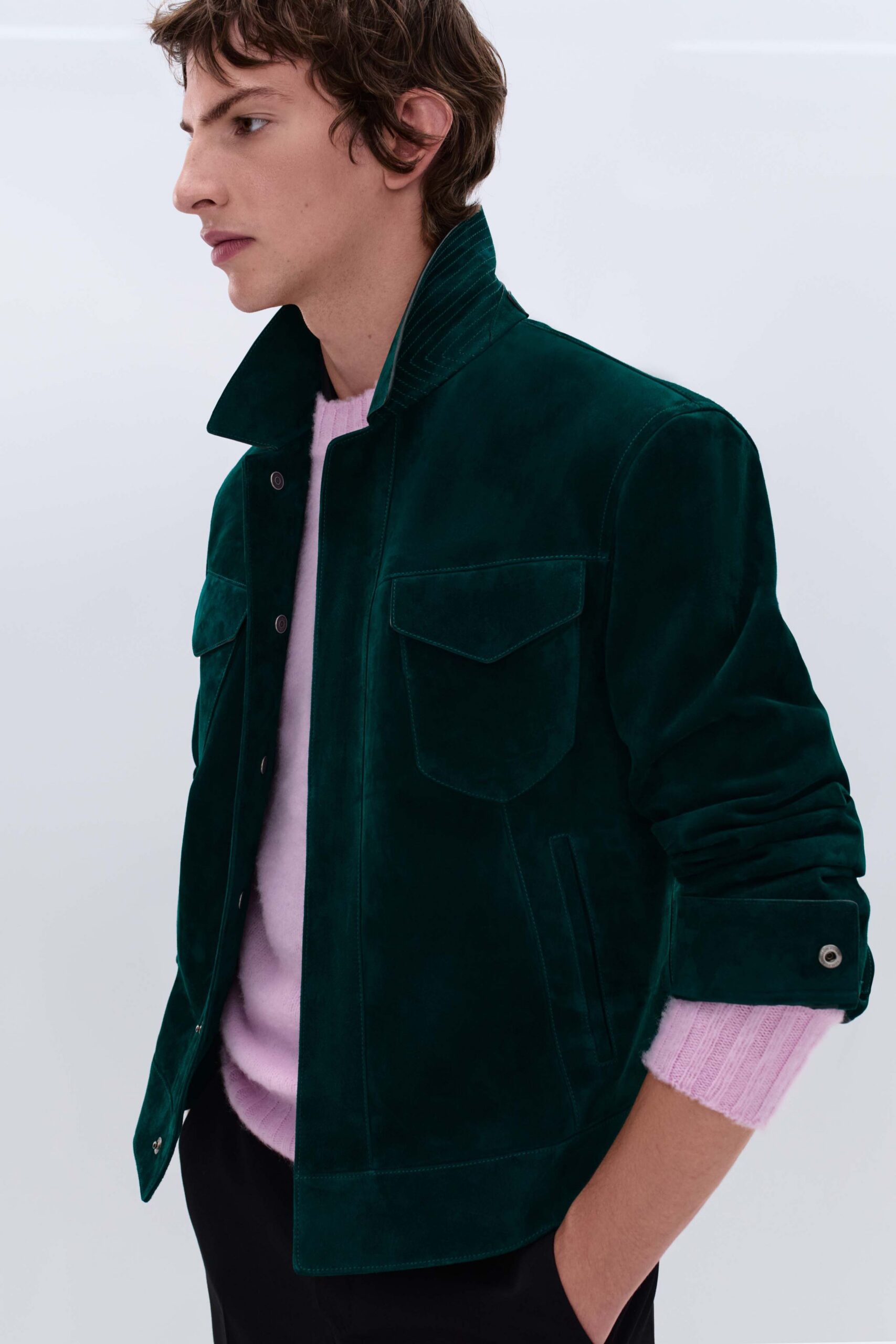 green suede long-sleeve collared fitted buttoned pockets jacket