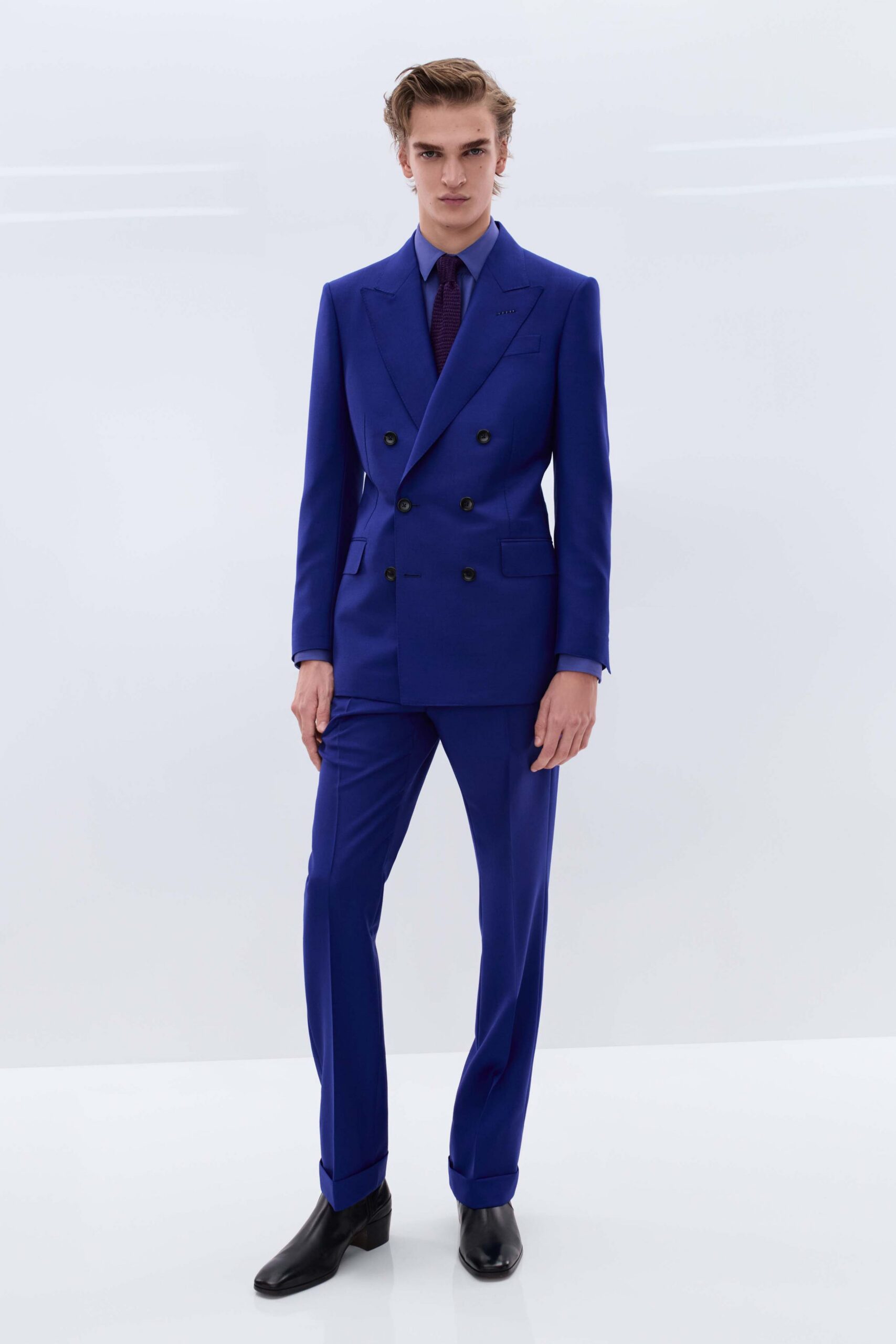 blue wool long-sleeve collared tailored suit