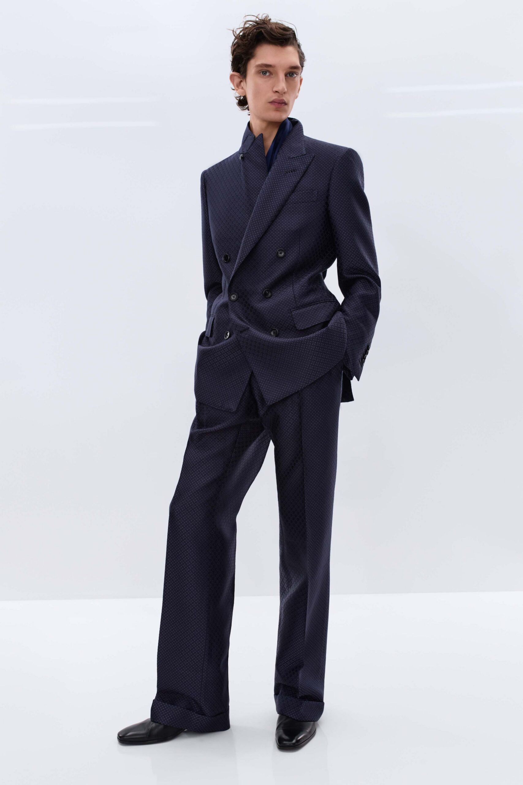 blue cotton long-sleeve collared tailored textured suit