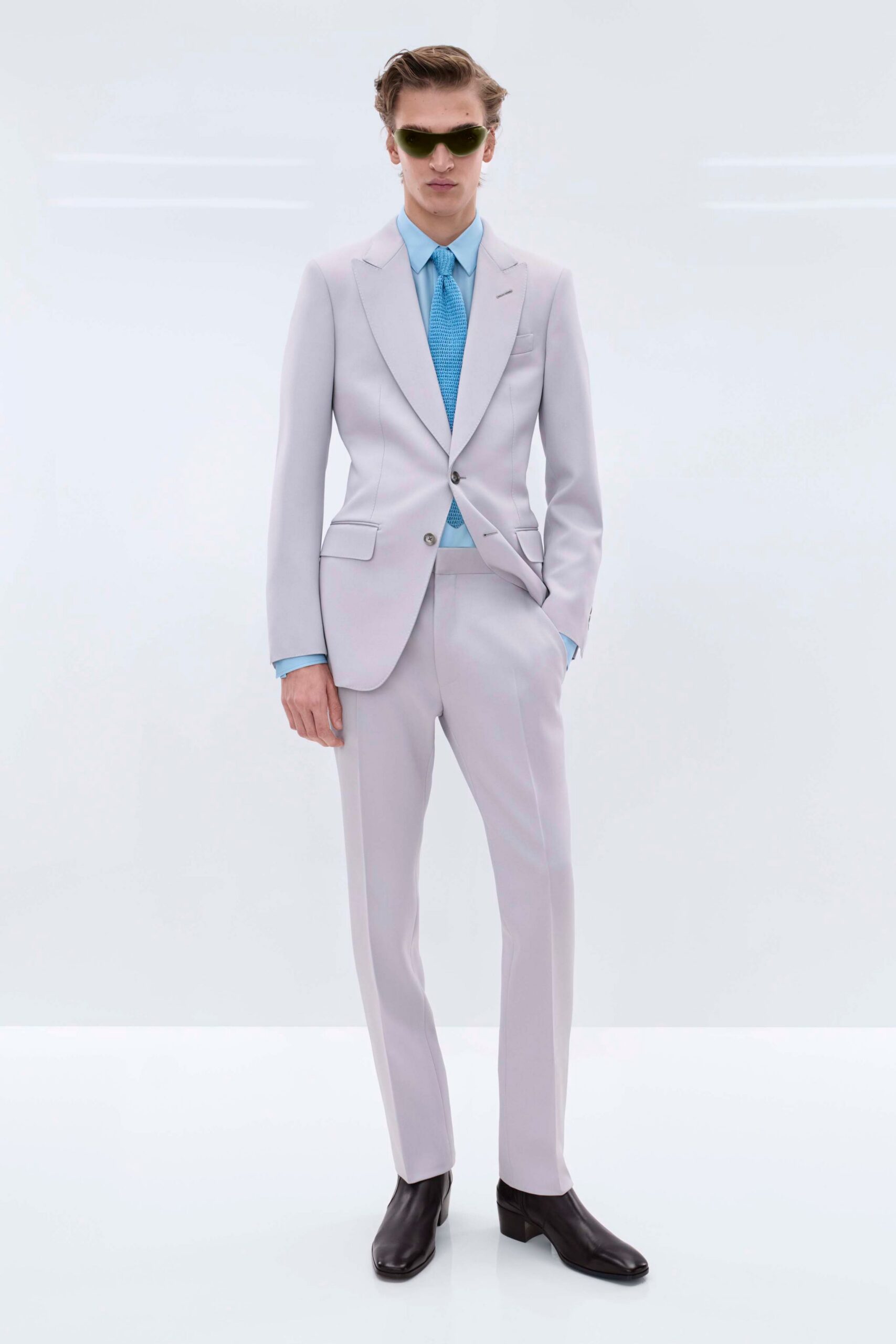 blue long-sleeve collared fitted shirt