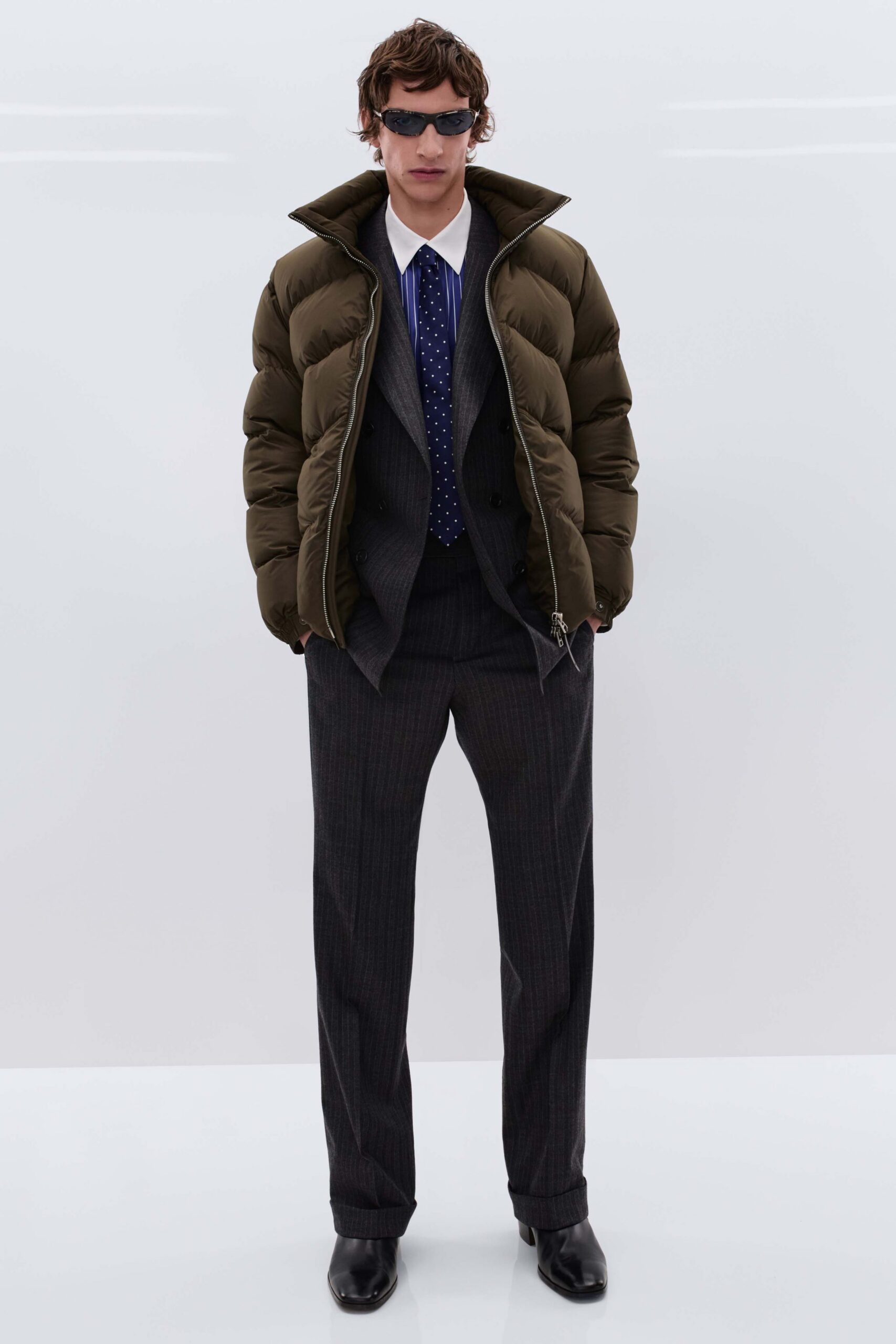 green jersey long-sleeve collared relaxed padded jacket