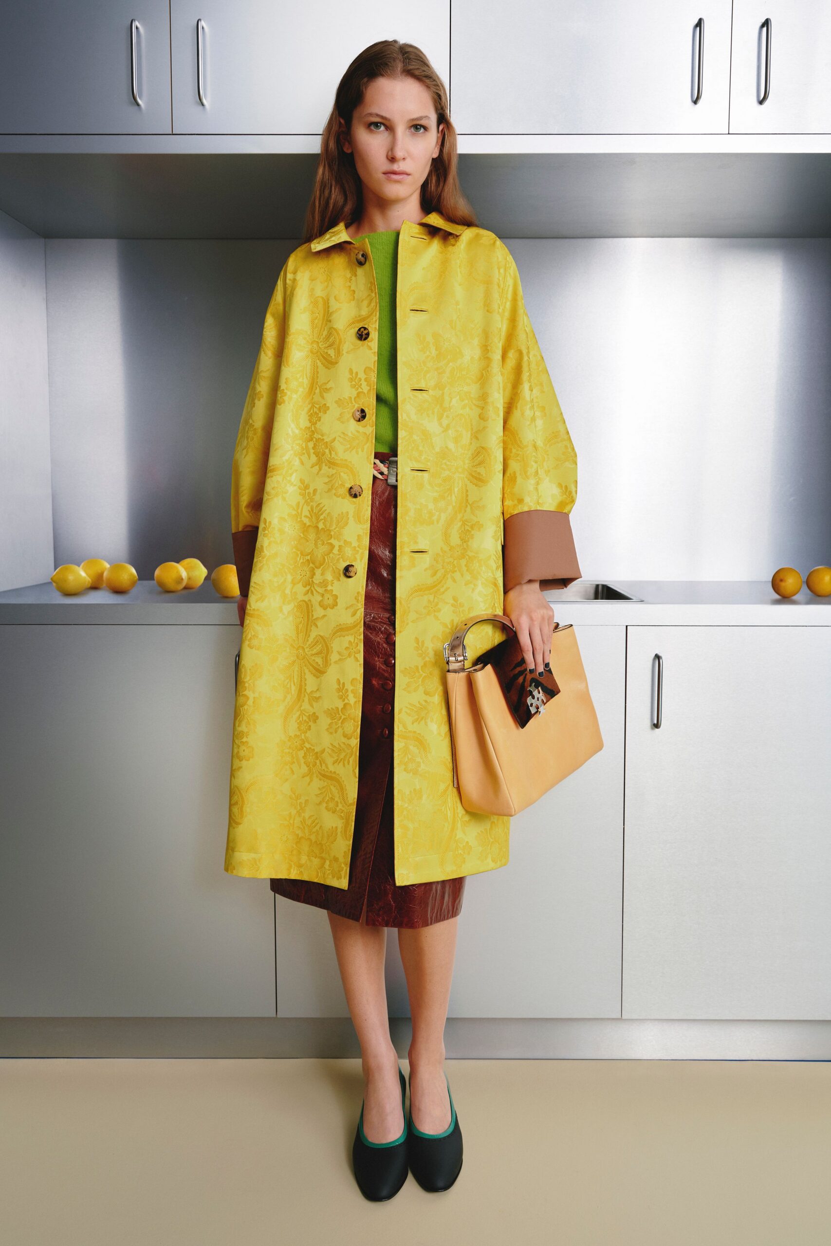 yellow silk long-sleeve collared relaxed printed midi coat