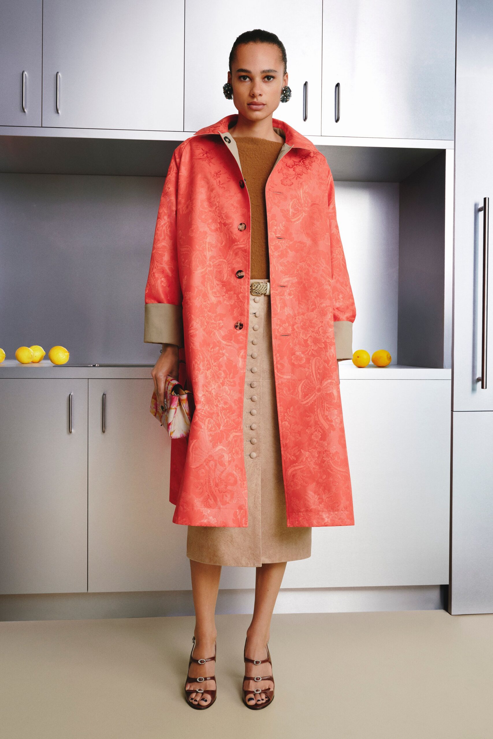 coral silk long-sleeve collared relaxed embroidered maxi coat