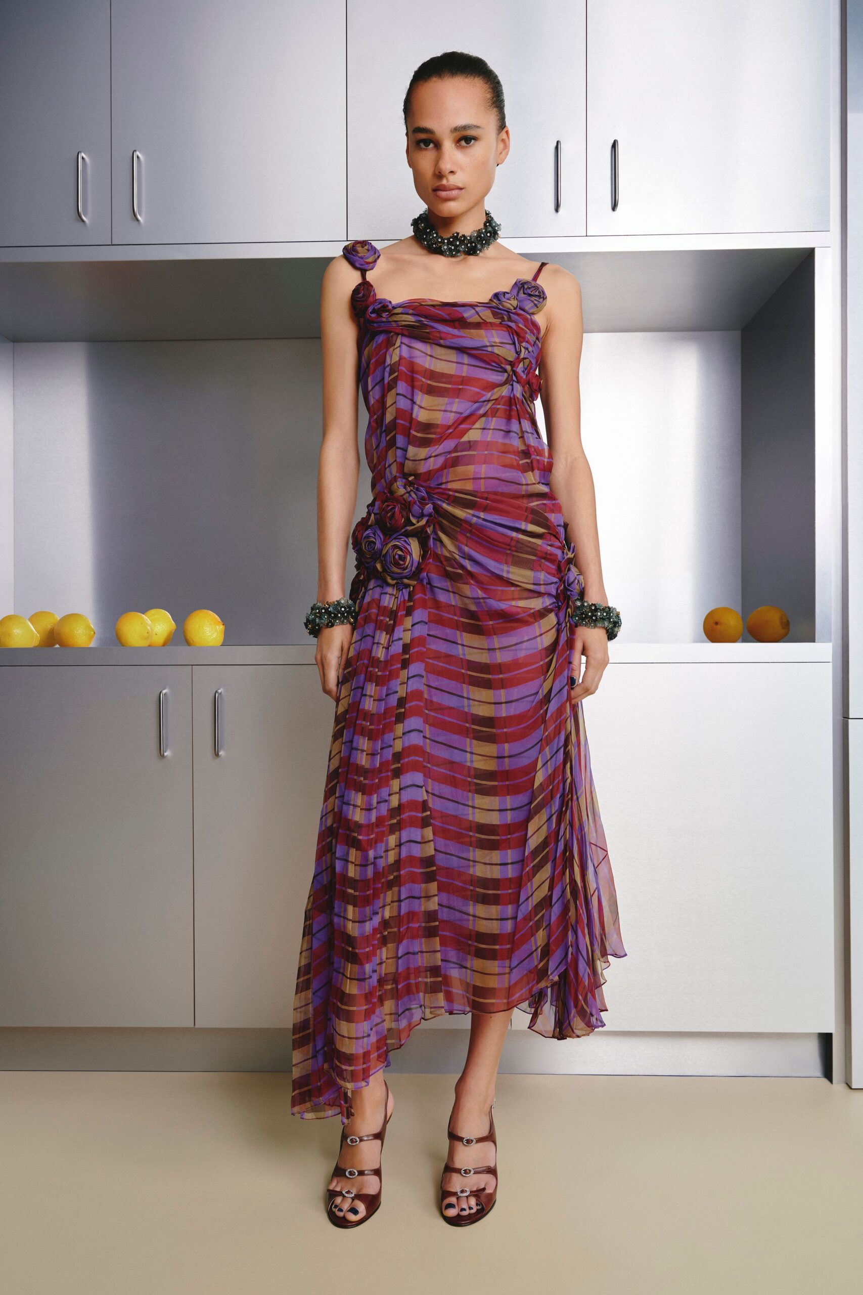 purple silk sleeveless high-neck fitted ruched flared dress
