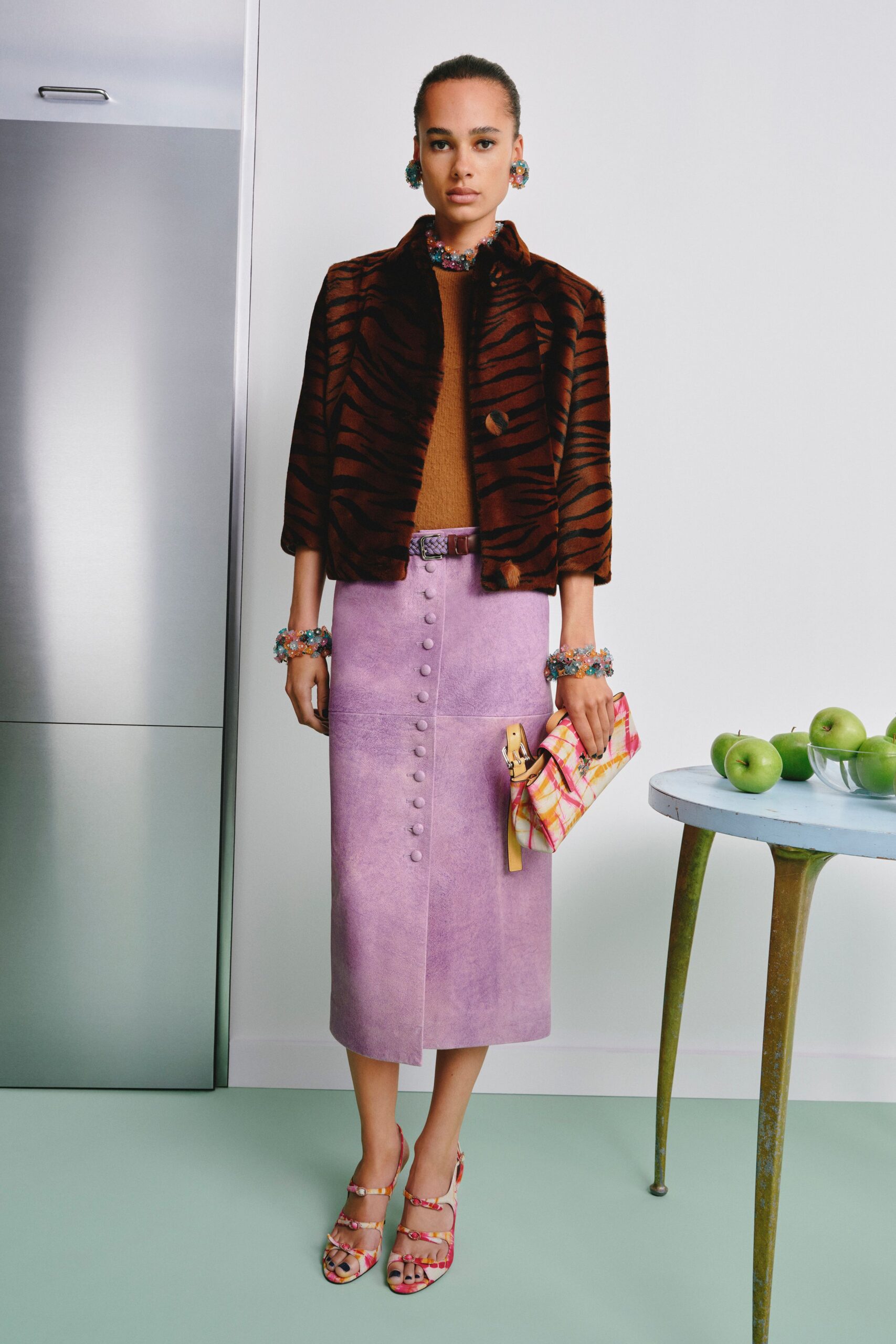 brown faux-fur short-sleeve fitted animal-print jacket
