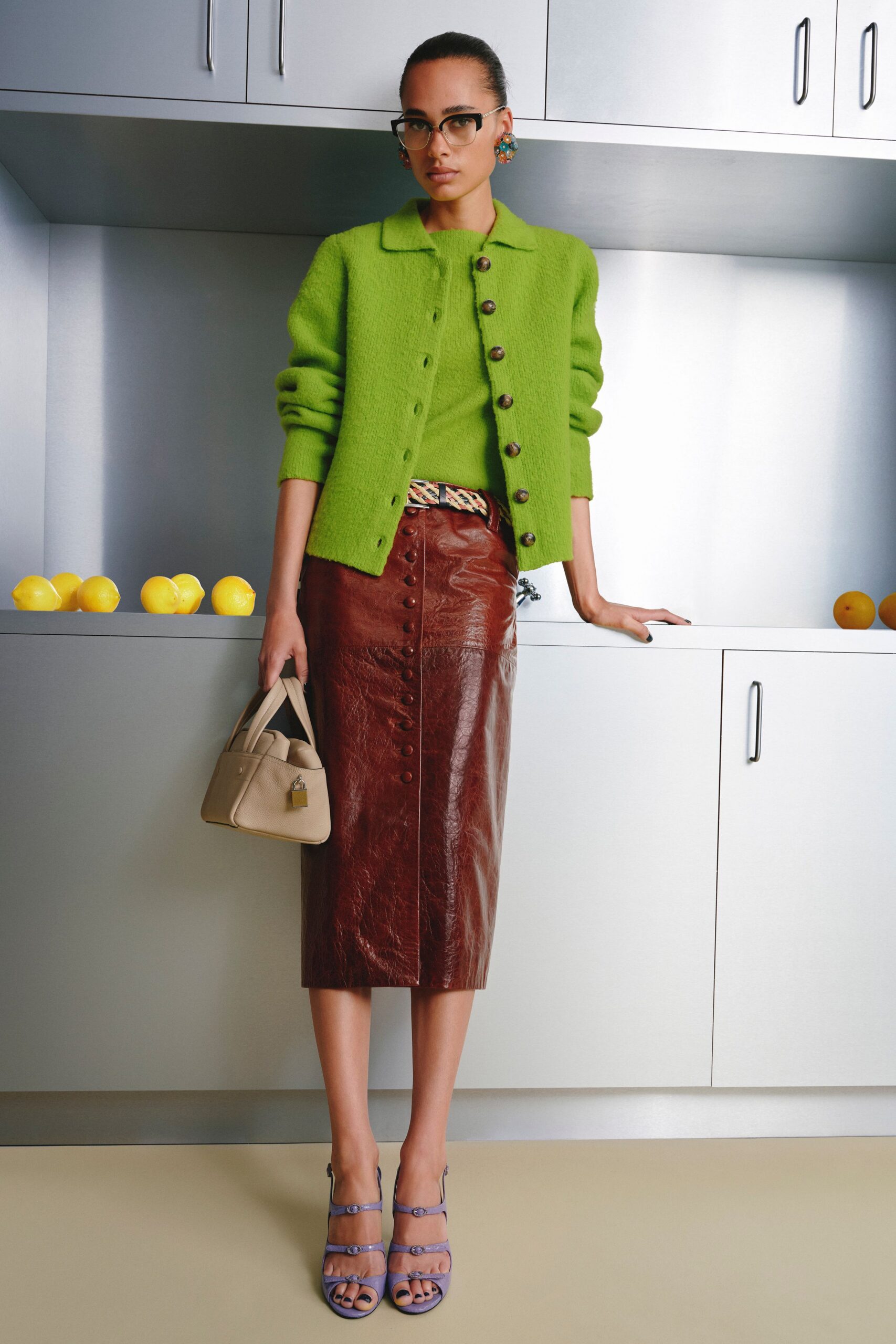 brown leather fitted high-waisted buttoned skirt