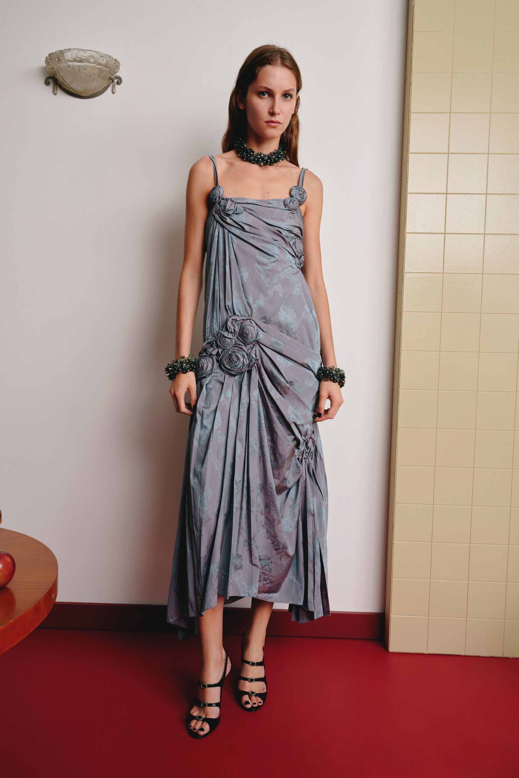 blue silk sleeveless v-neck fitted pleated draped dress