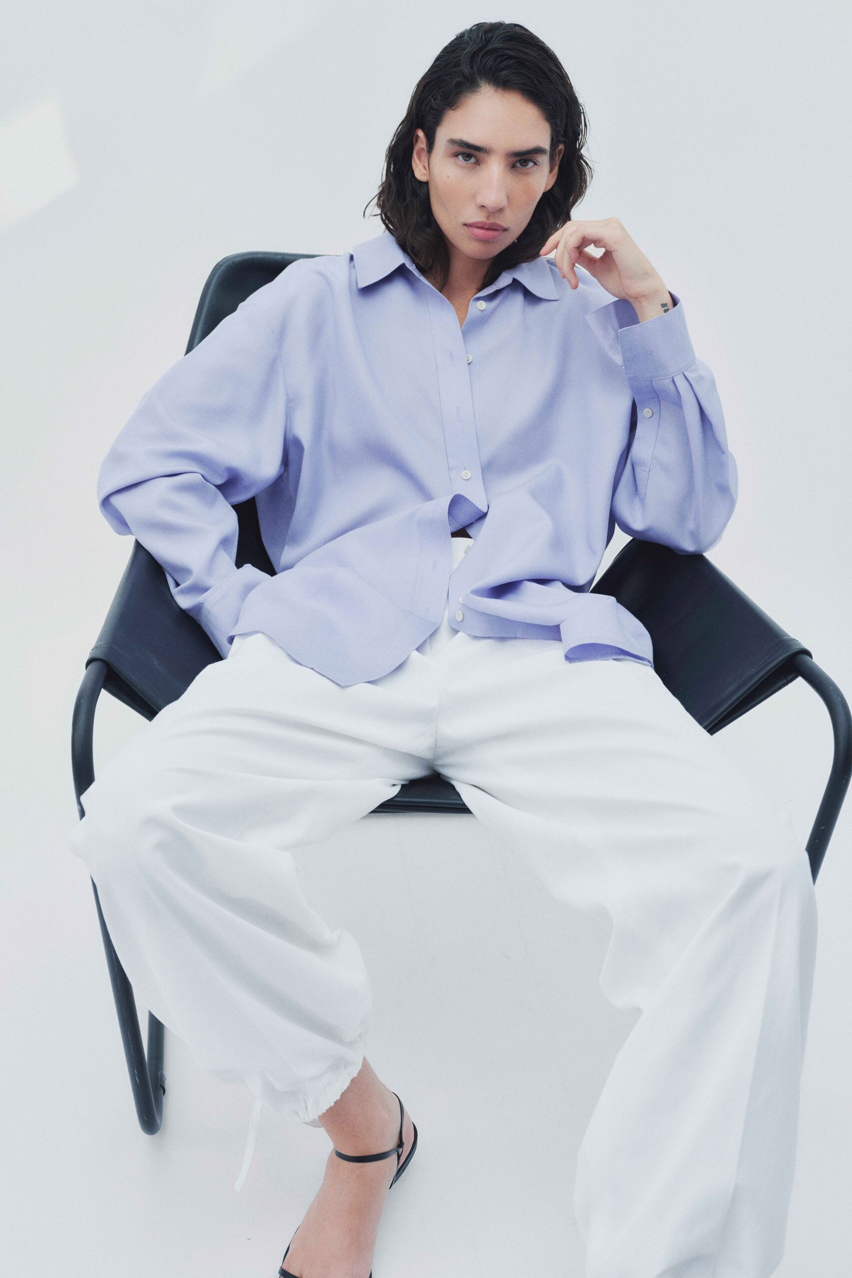 lavender relaxed shirt white pants