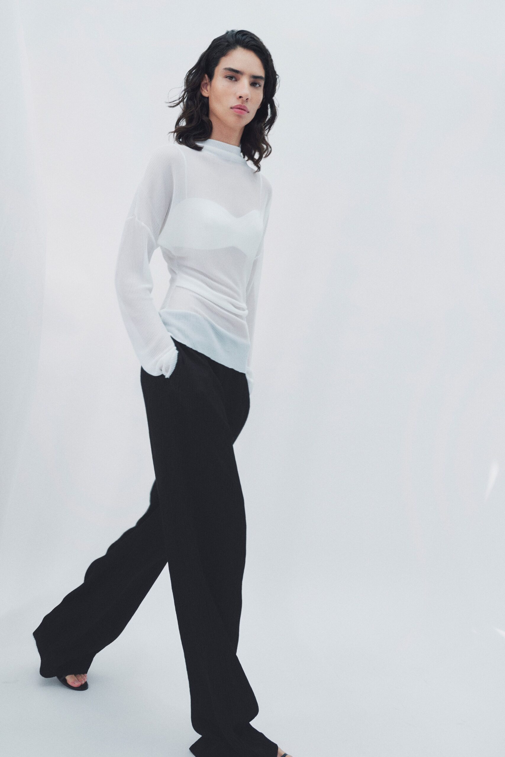 white mesh long-sleeve high-neck fitted sheer top