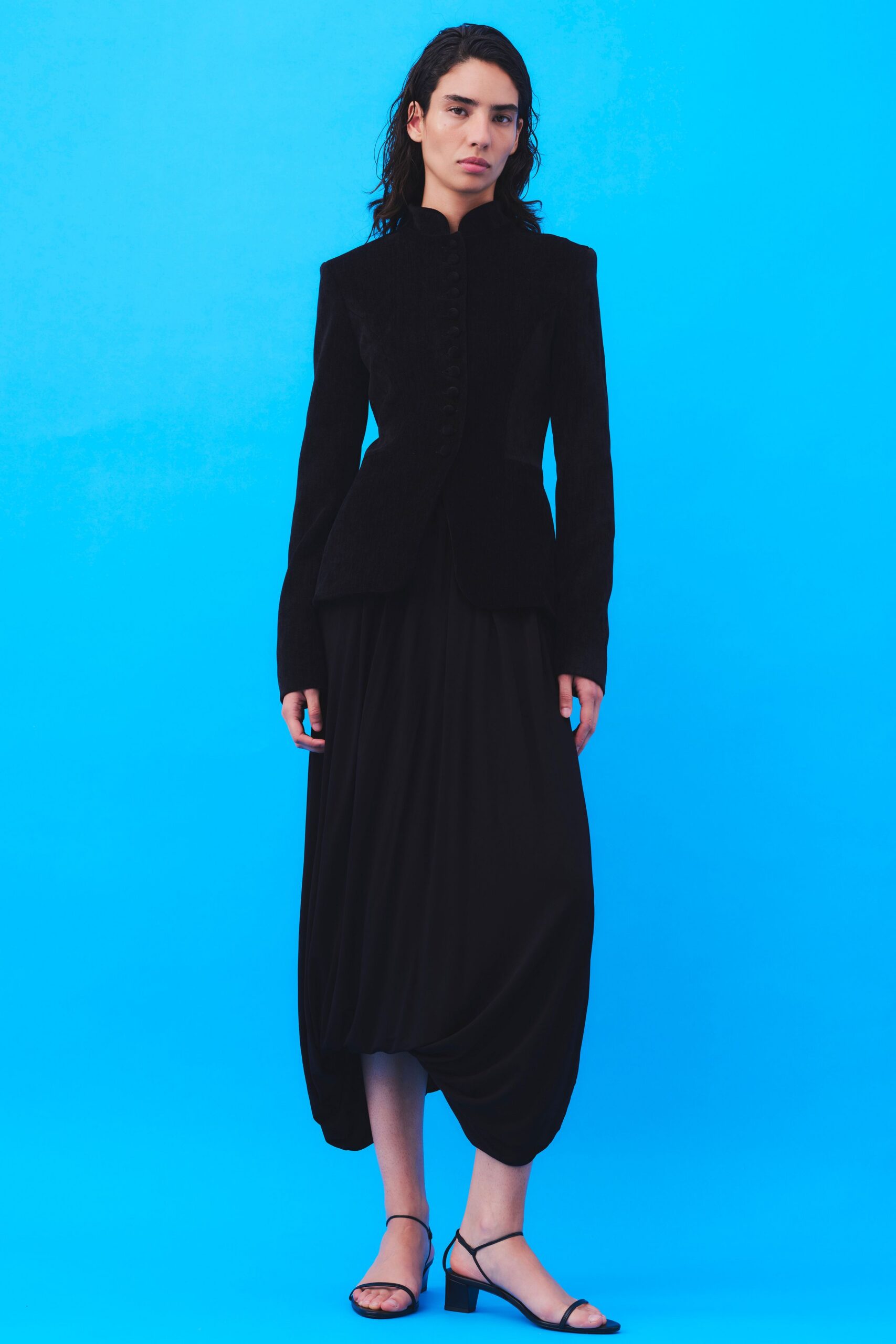 black velvet blazer and midi dress