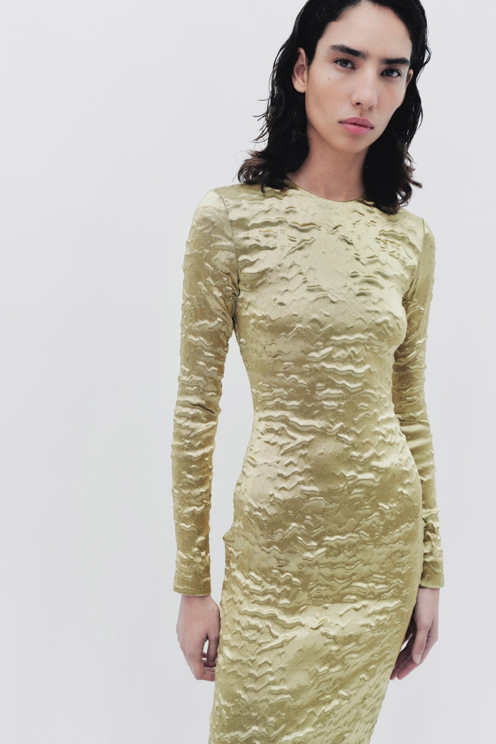 fitted yellow silk dress