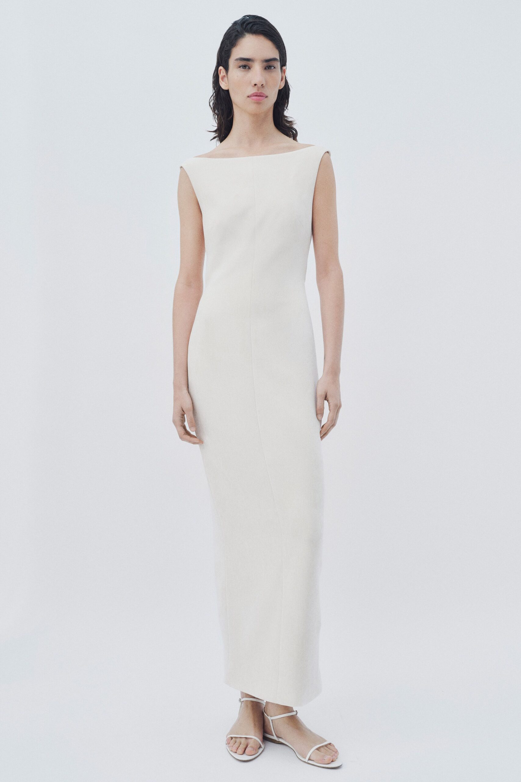 white cotton sleeveless square-neck fitted straight-leg maxi gown