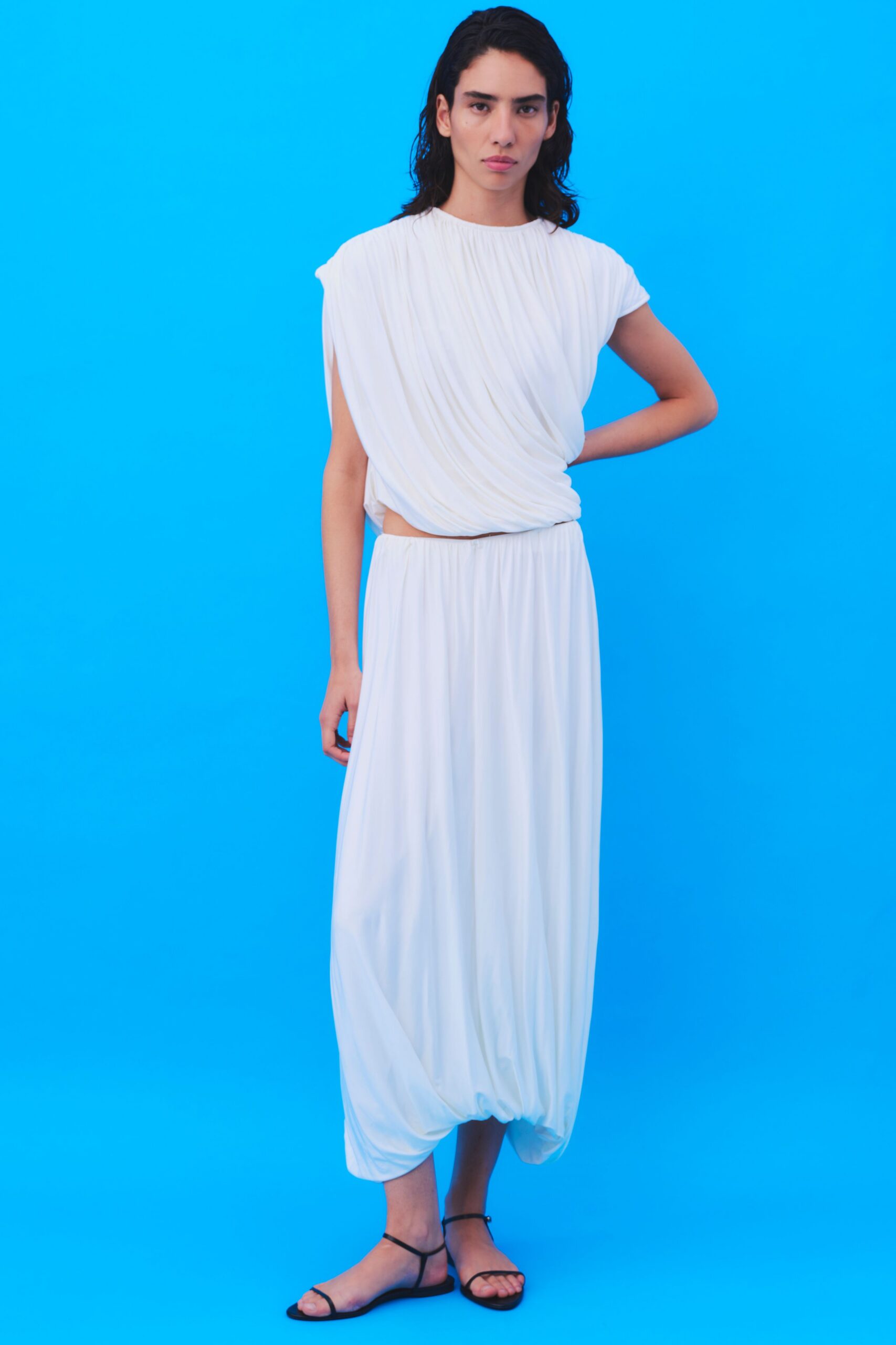 white cotton sleeveless relaxed draped maxi dress