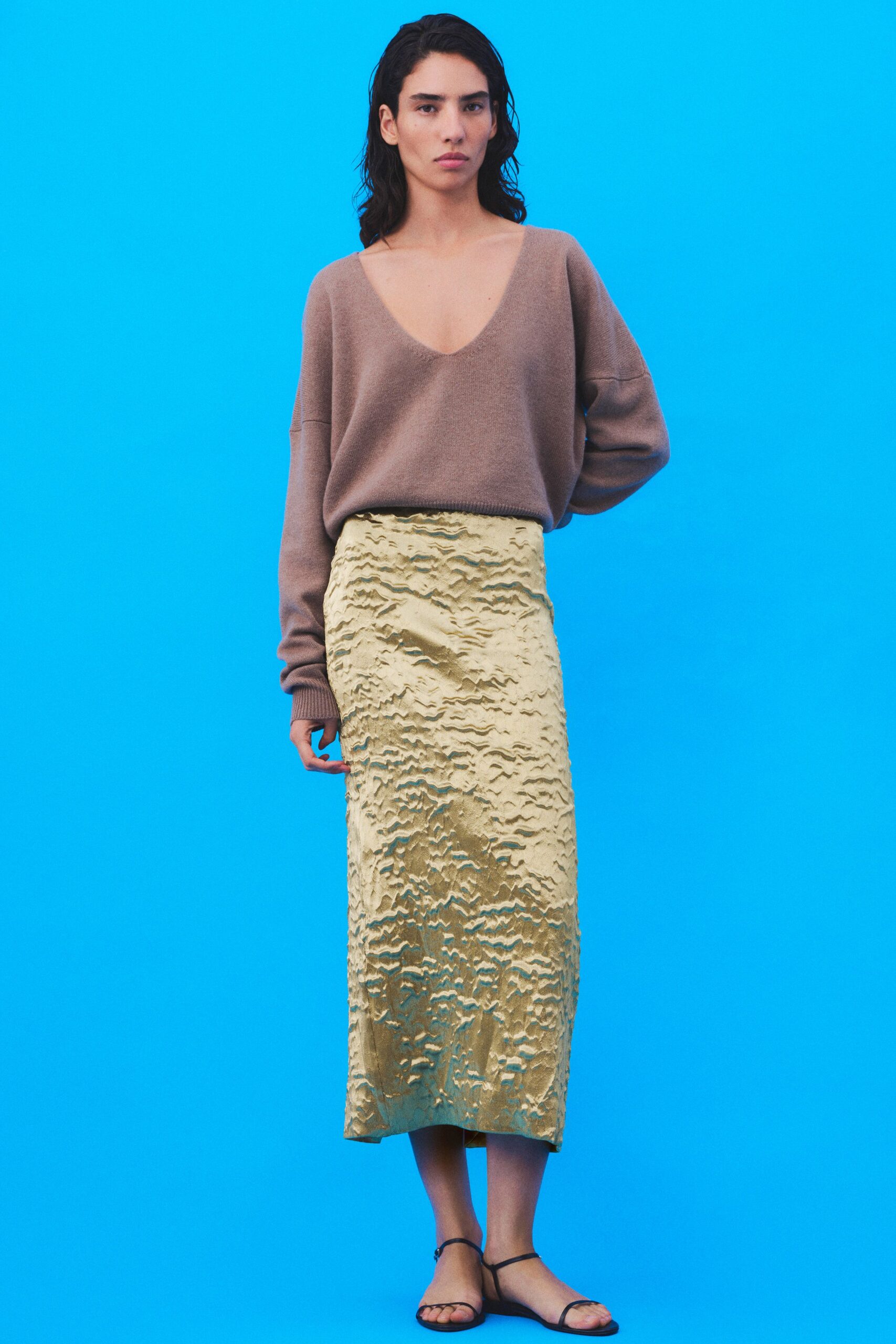 brown wool relaxed sweater with yellow midi skirt