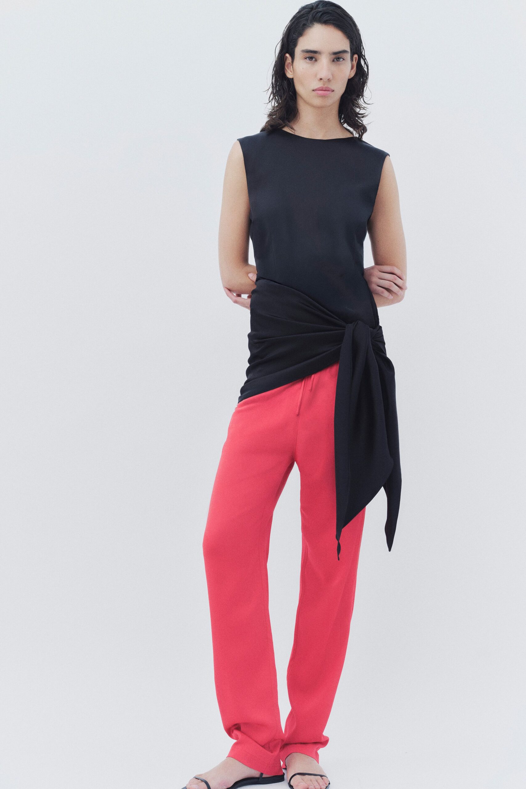 black silk sleeveless fitted draped top