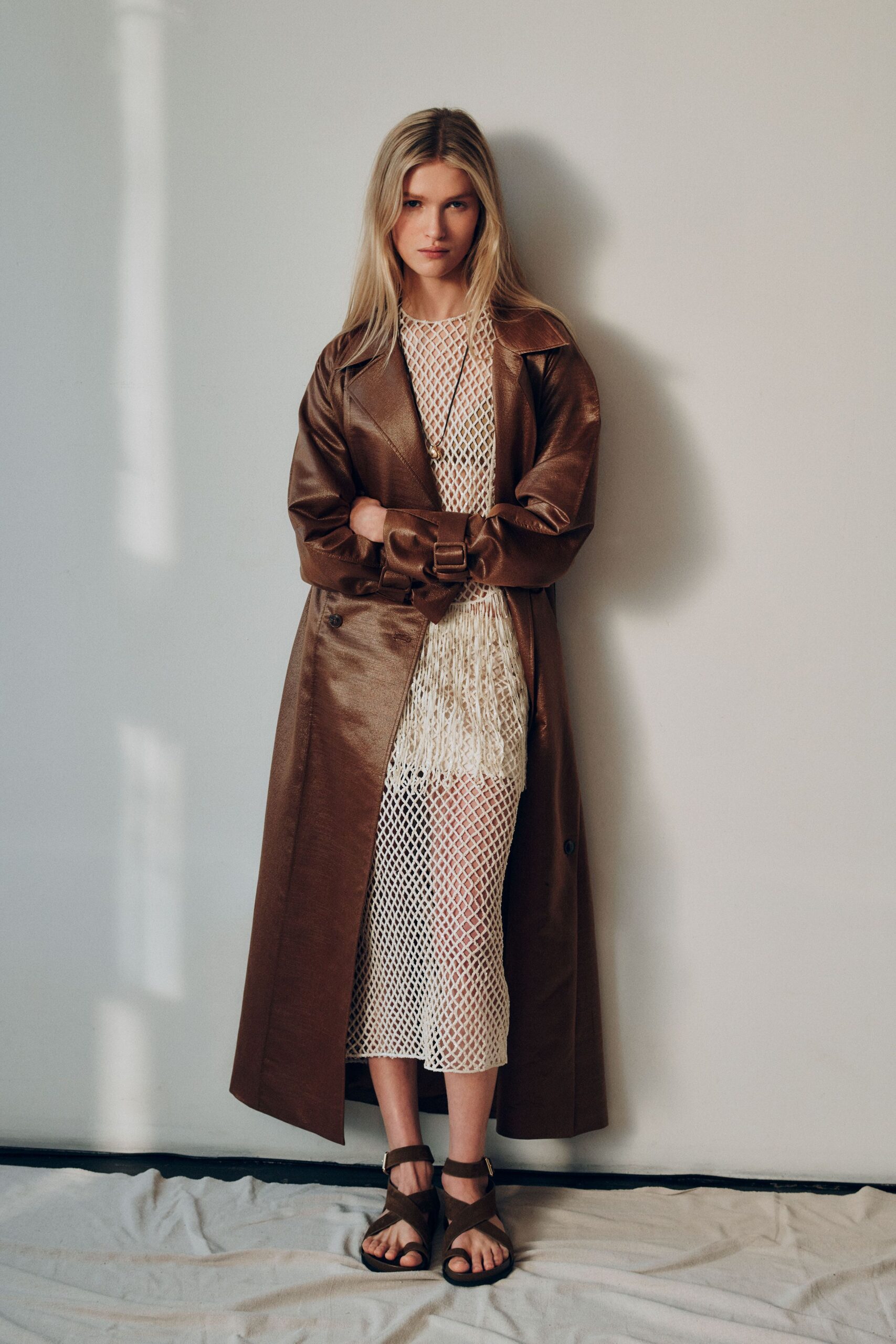 brown leather long-sleeve collared relaxed buttoned maxi coat