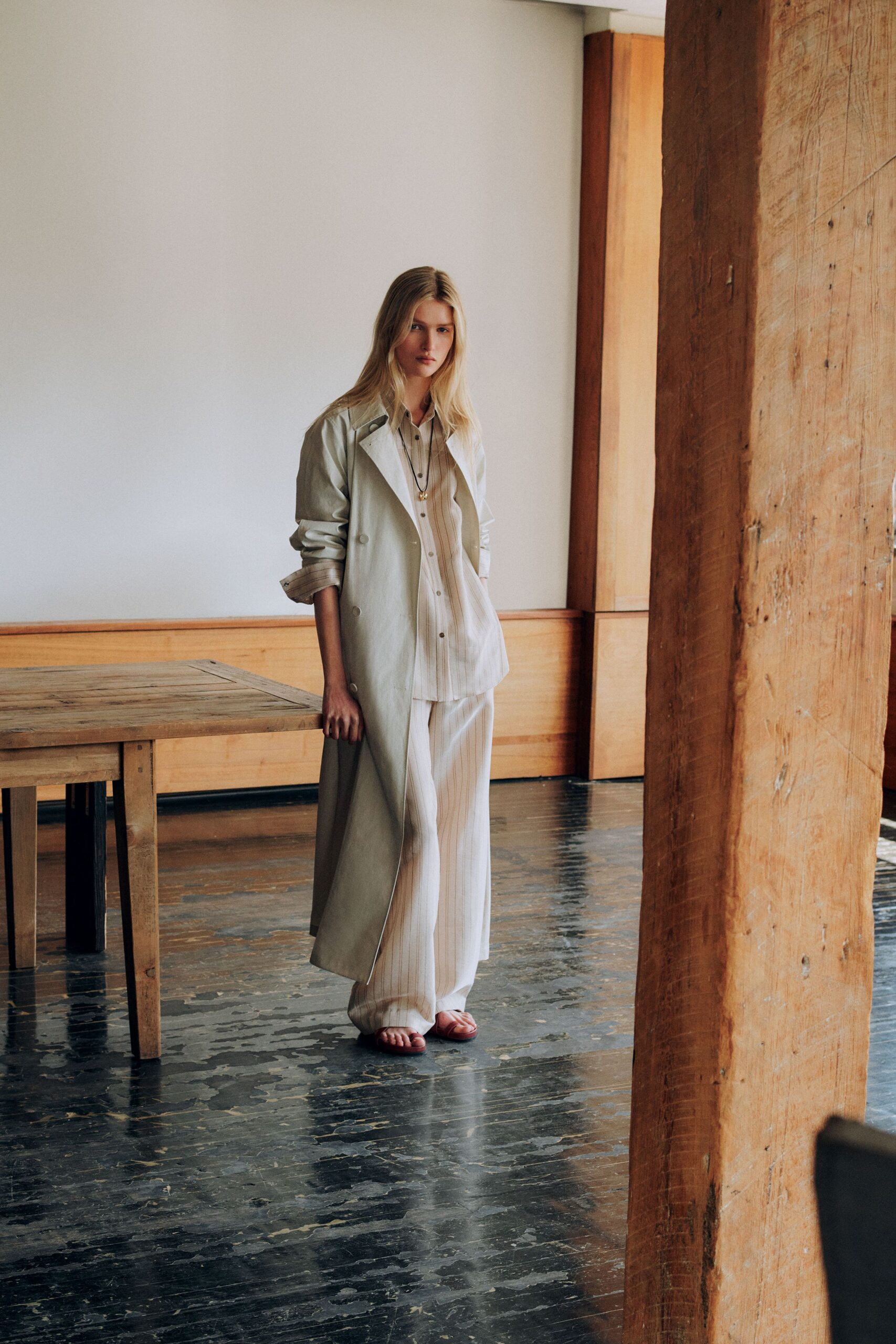 beige cotton long-sleeve collared relaxed buttoned maxi coat