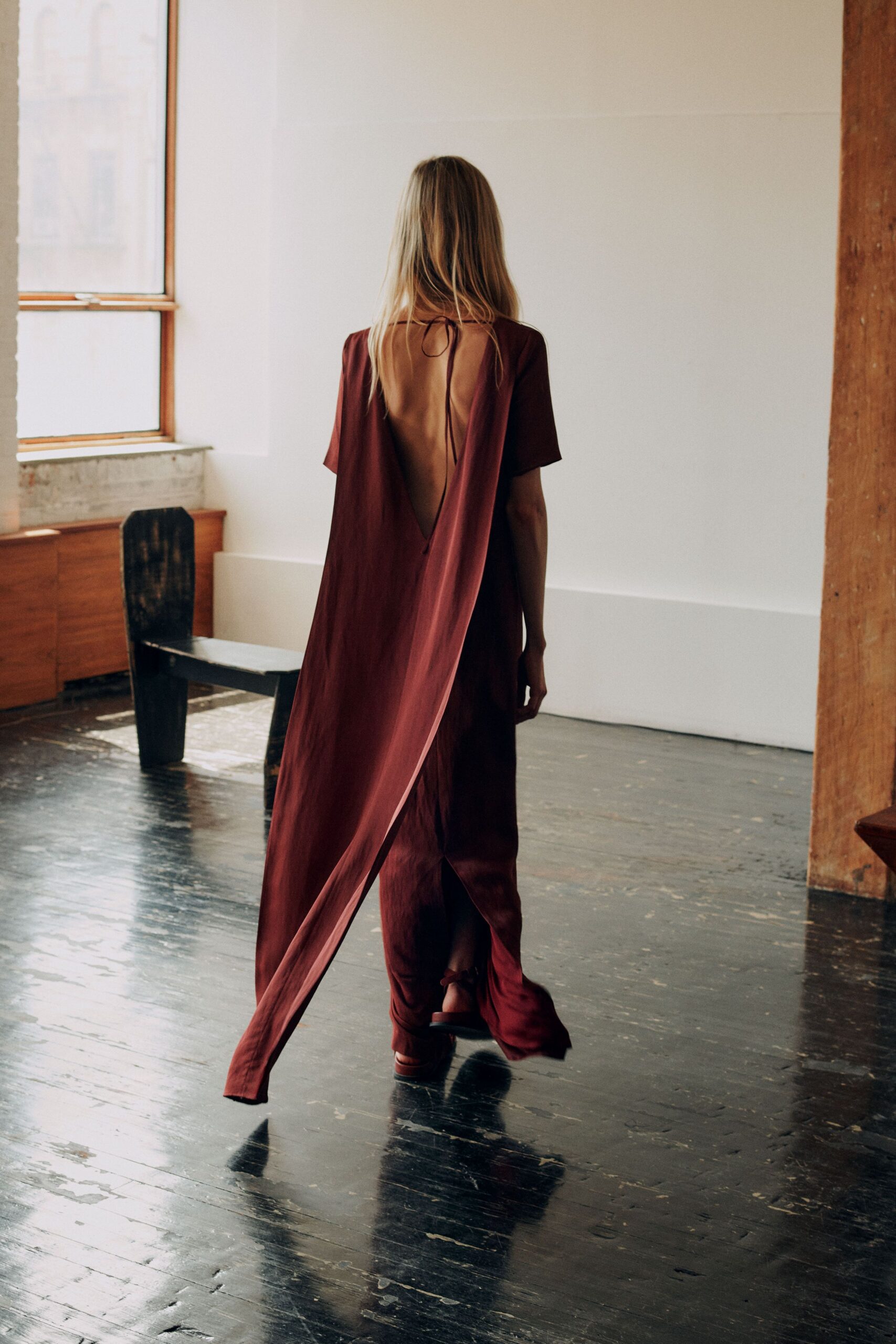 maroon backless maxi dress