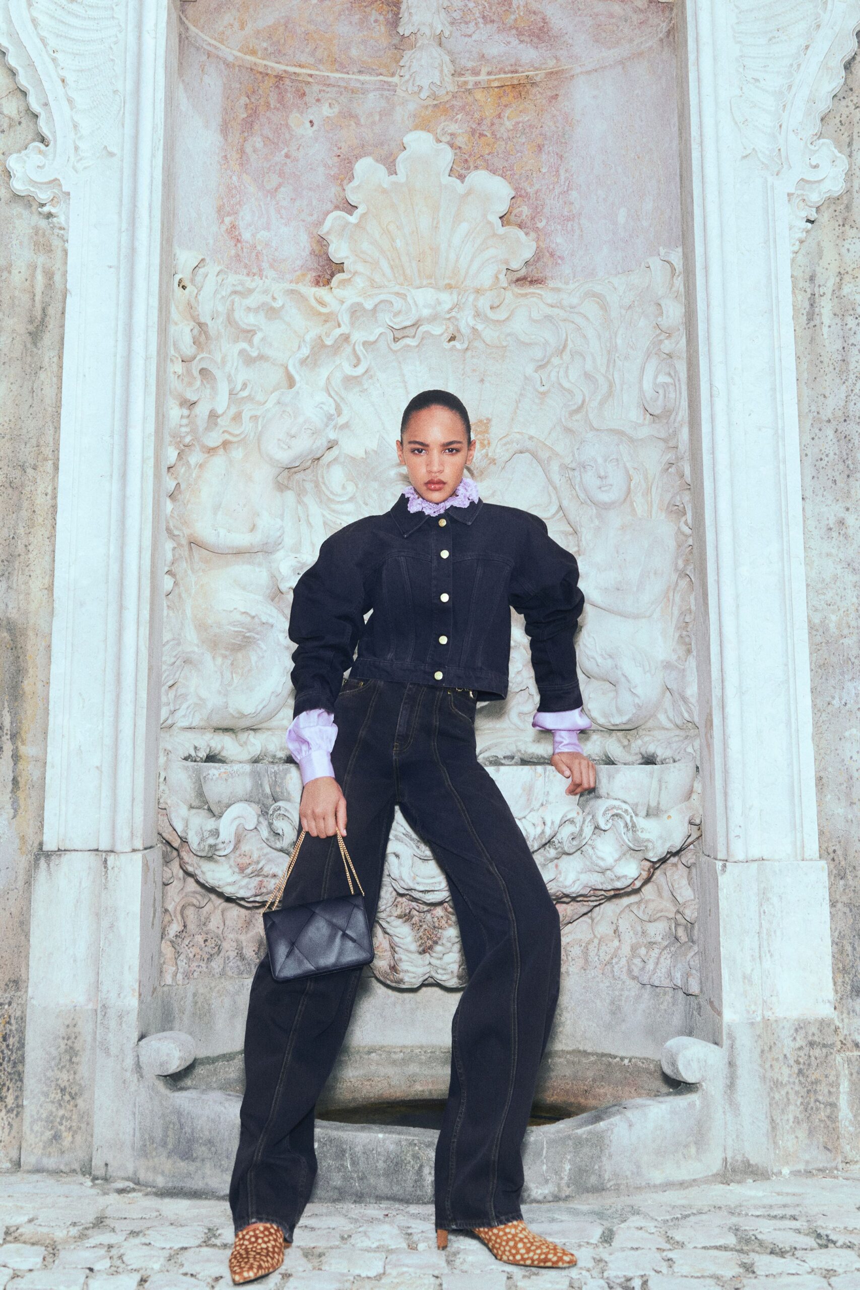 black denim long-sleeve collared fitted buttoned cropped jacket