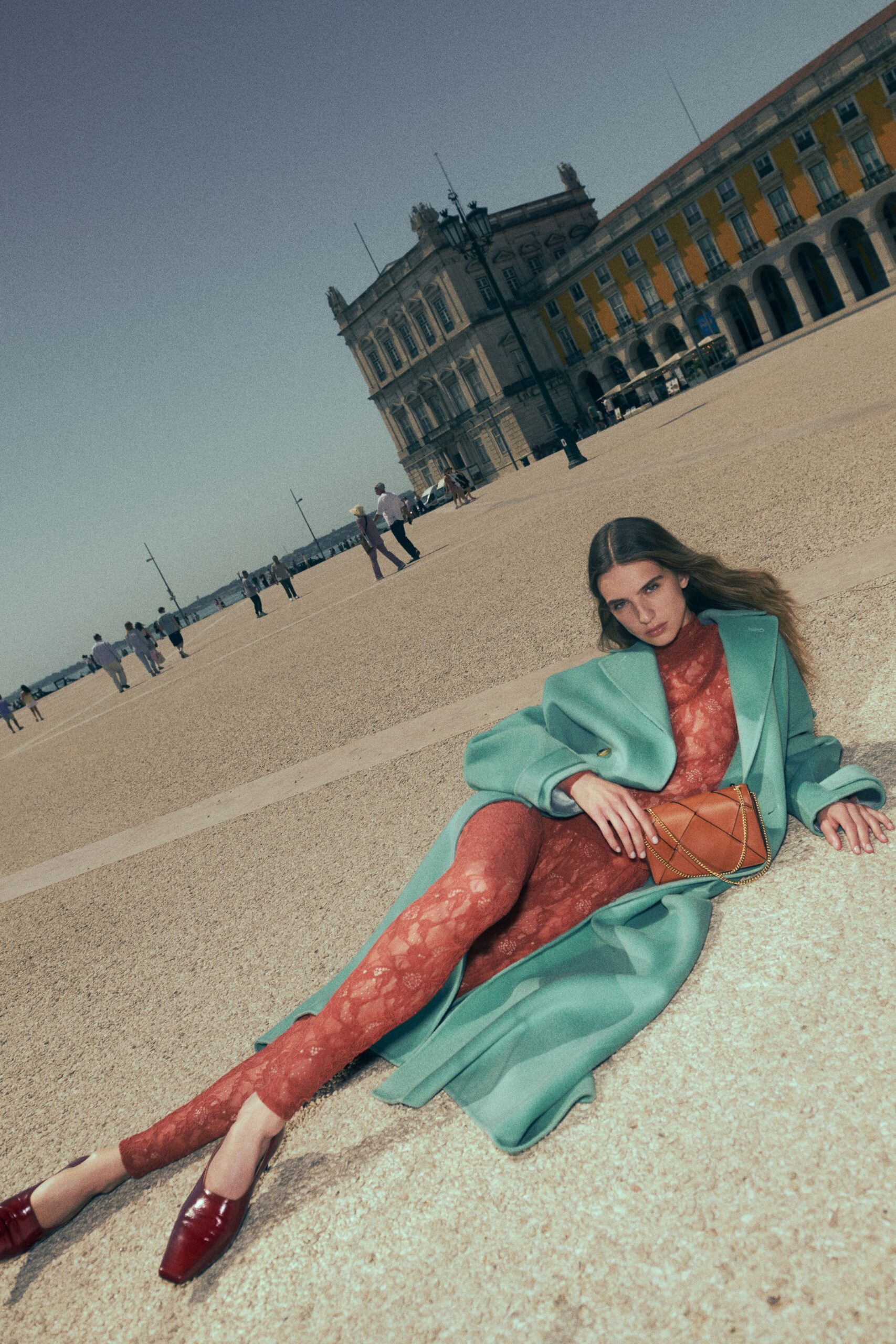 red lace long-sleeve high-neck fitted catsuit