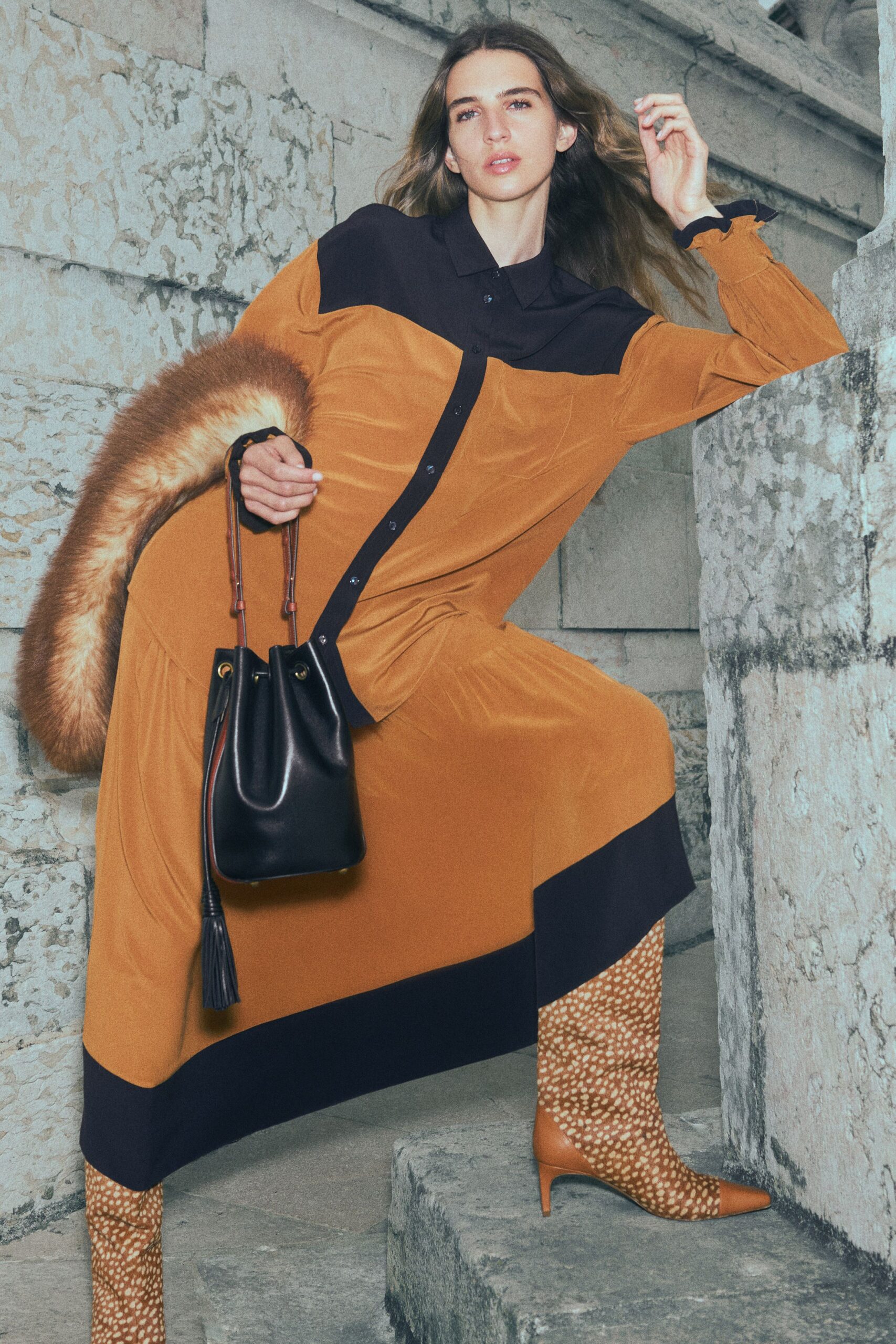 orange silk long-sleeve collared fitted buttoned color-blocked dress
