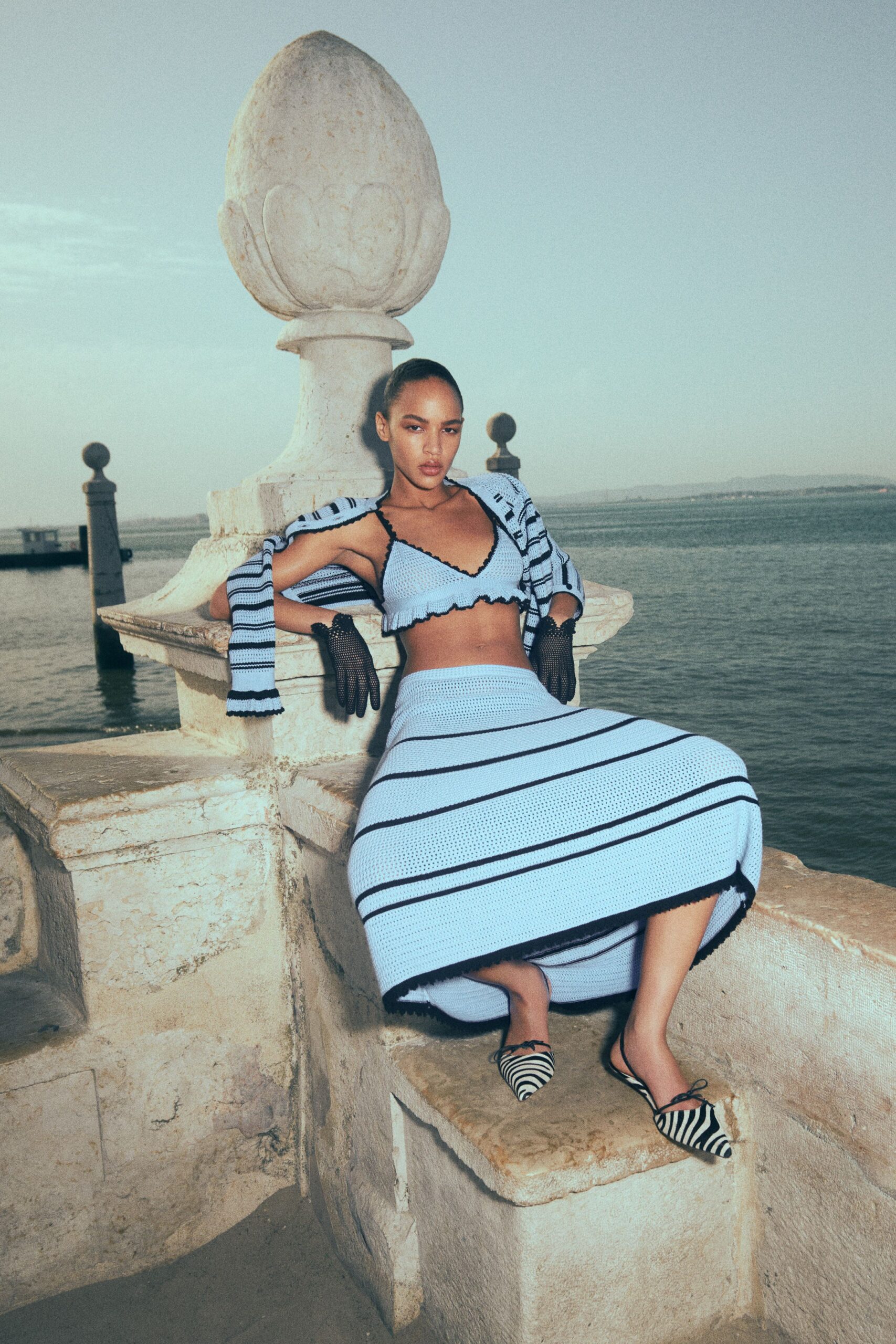 blue cotton long-sleeve fitted striped tiered midi skirt