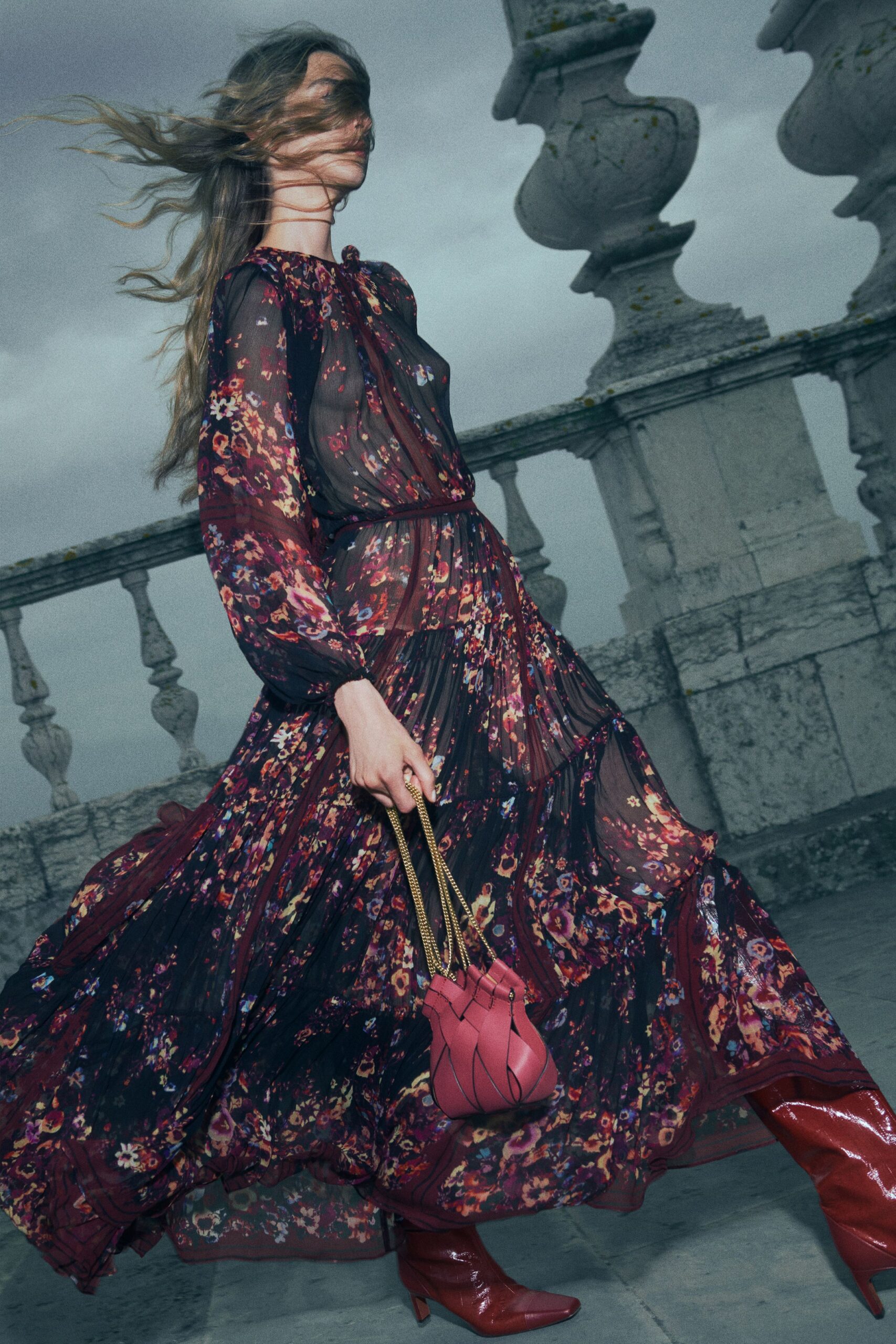 red chiffon long-sleeve v-neck fitted floral pleated dress