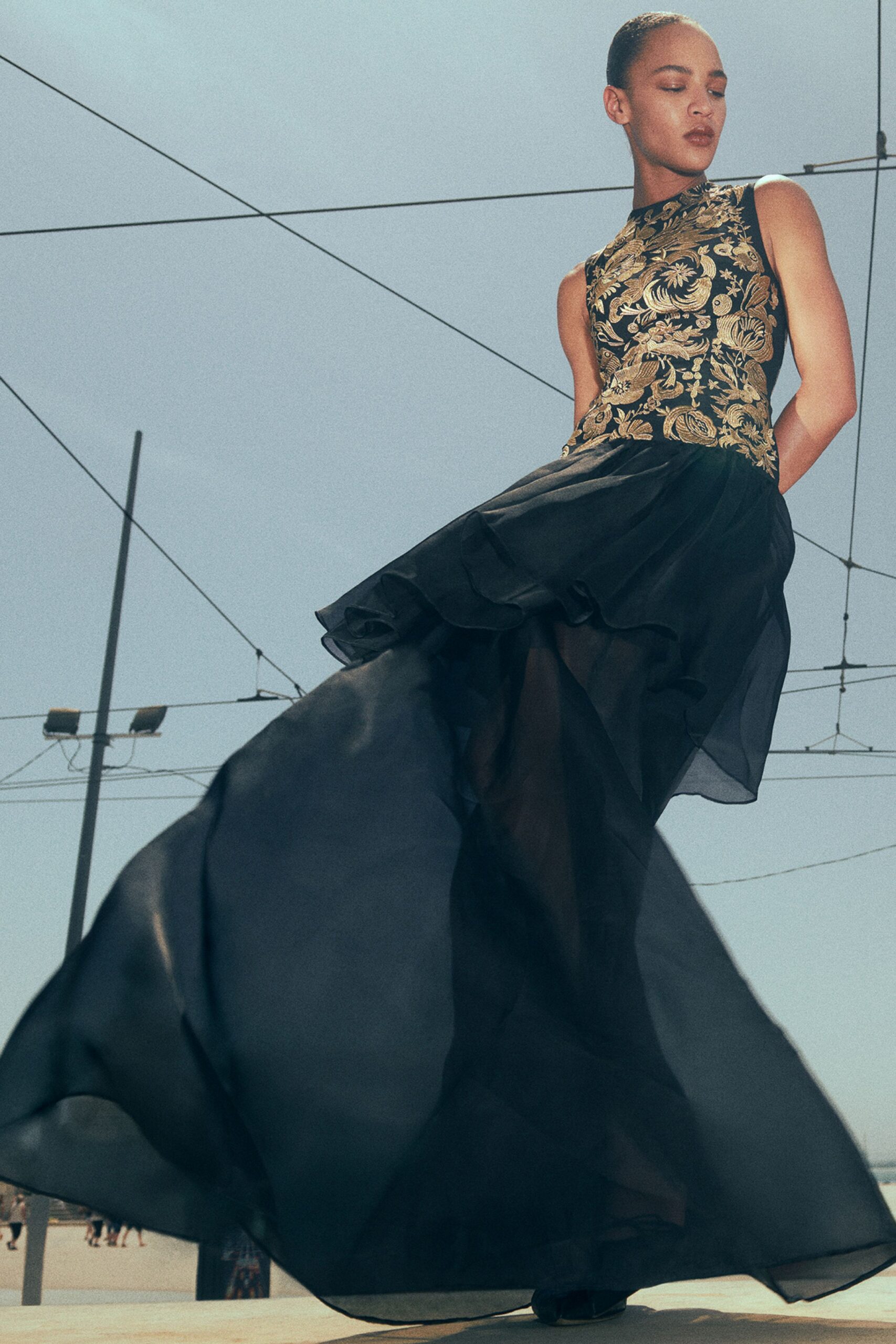 black and gold embroidered gown