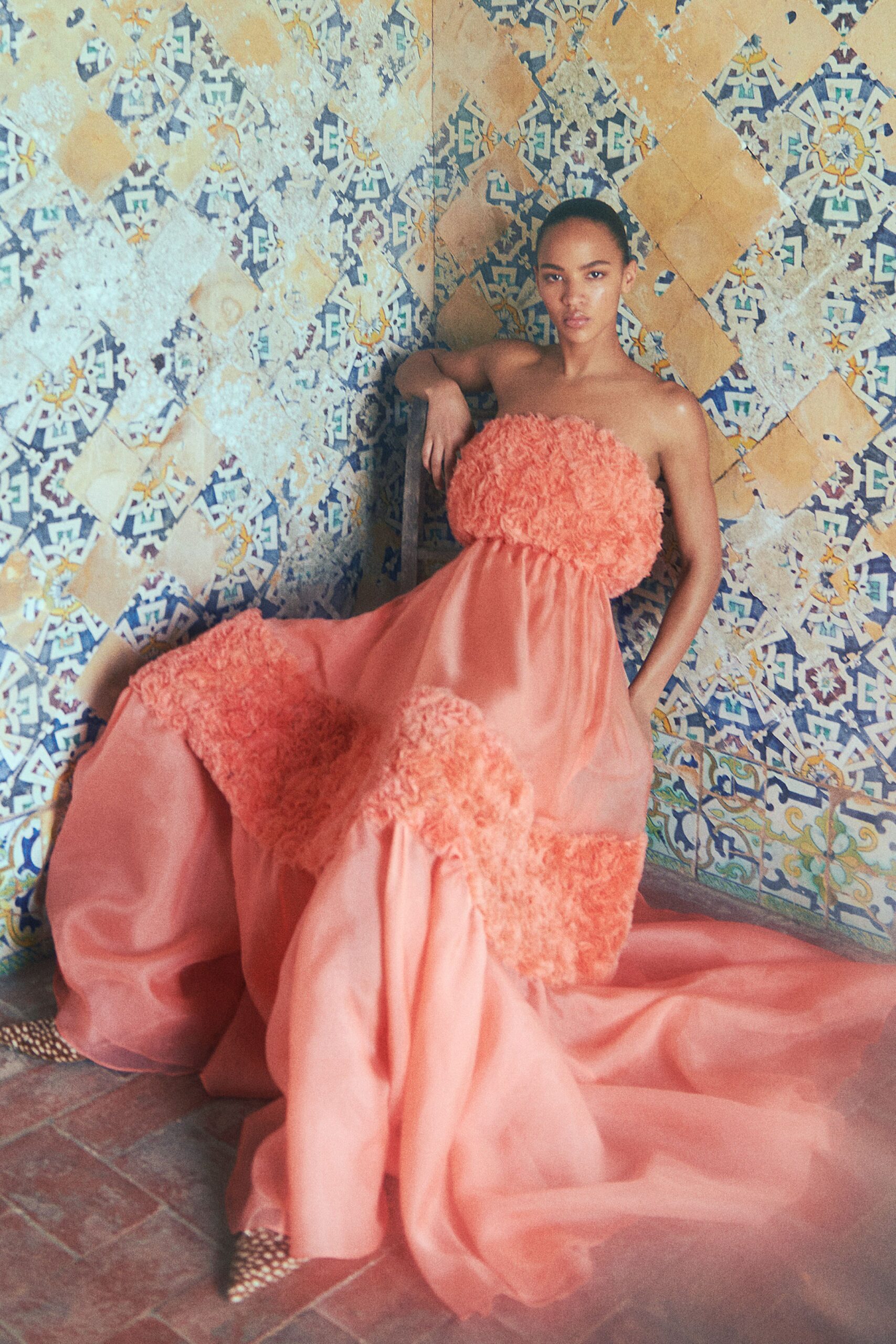 coral silk strapless gown