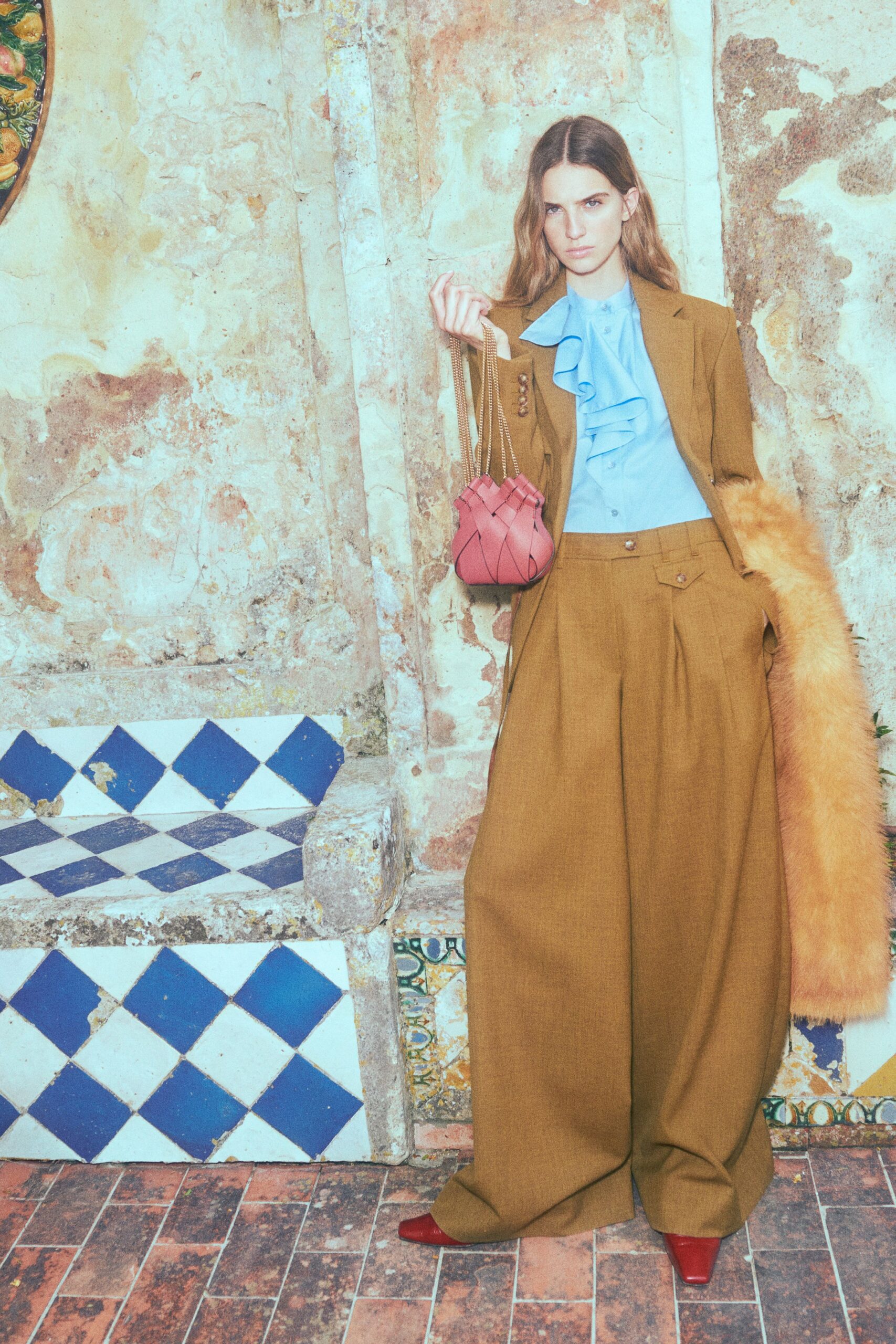 brown wool relaxed wide-leg pants