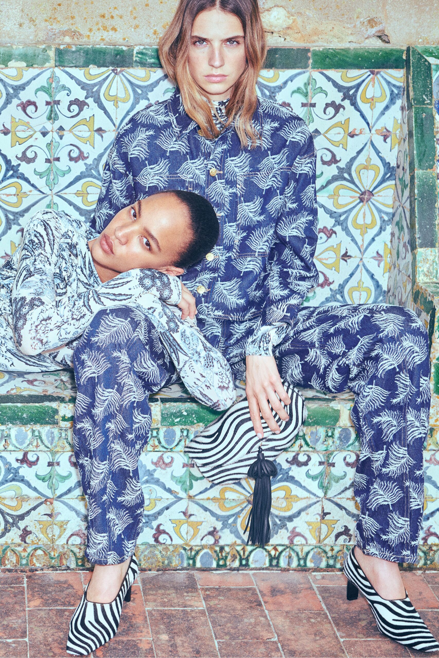 blue cotton long-sleeve collared fitted printed jumpsuit