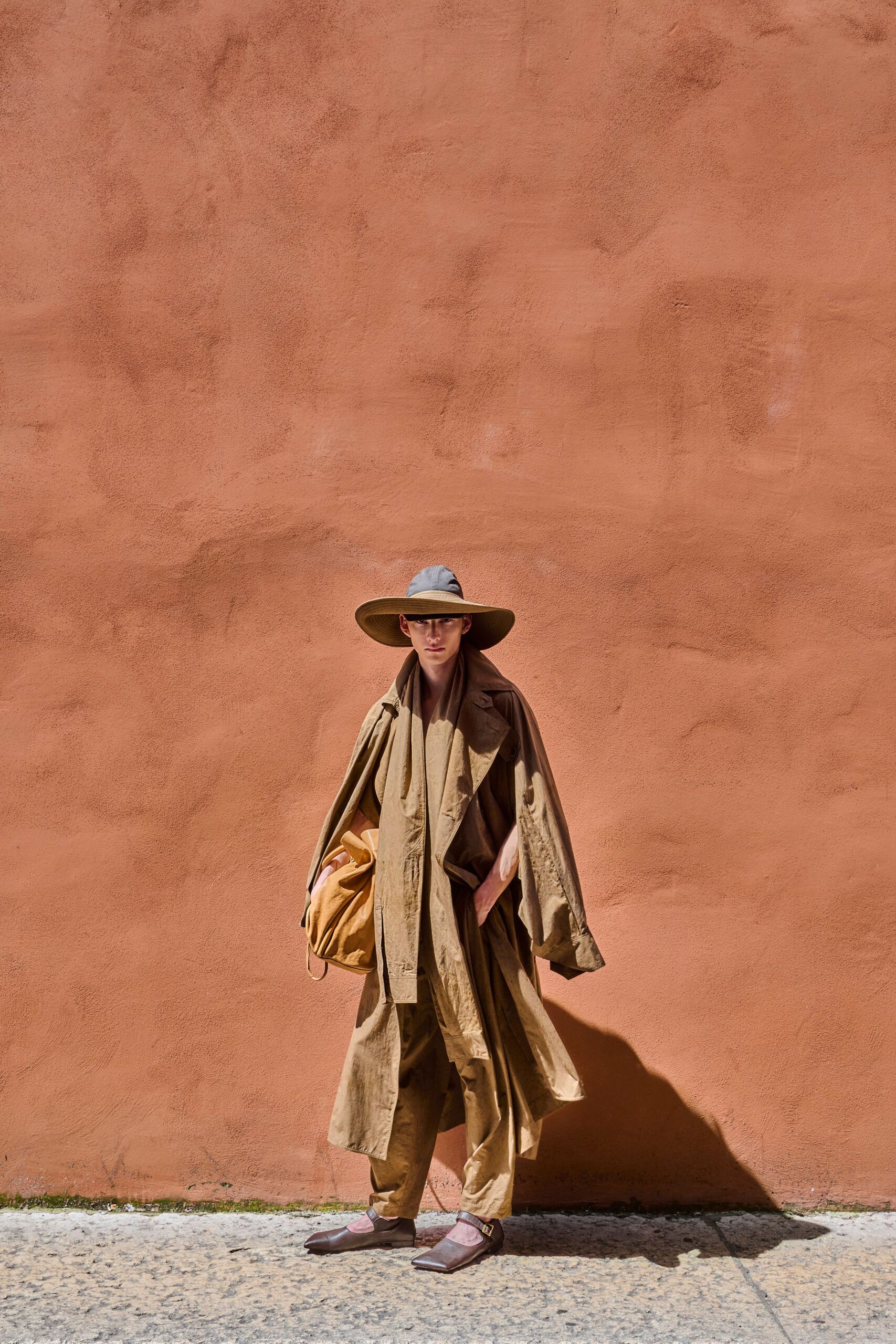 brown cotton long-sleeve collared relaxed buttoned trench