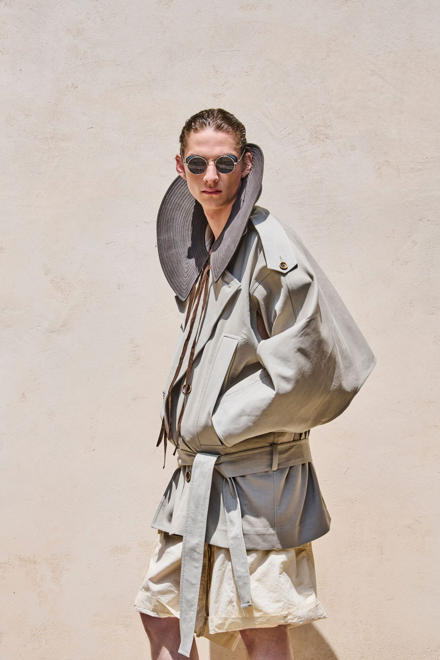 beige cotton long-sleeve collared oversized belted jacket