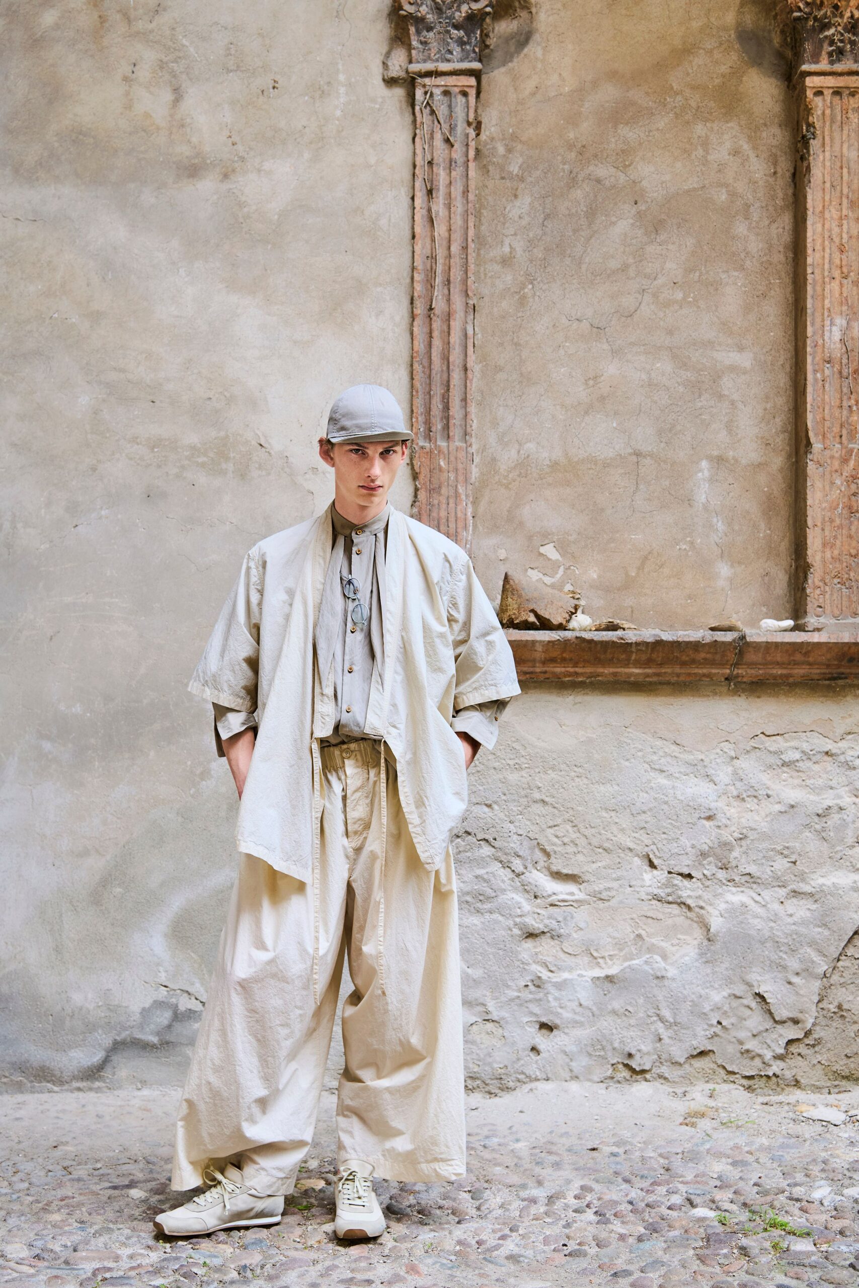beige cotton short-sleeve relaxed layered jacket