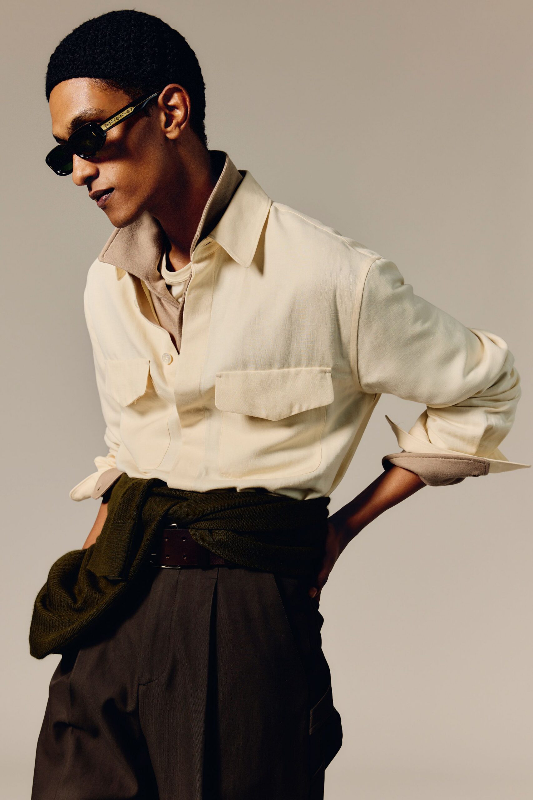 beige cotton long-sleeve collared relaxed buttoned pockets shirt
