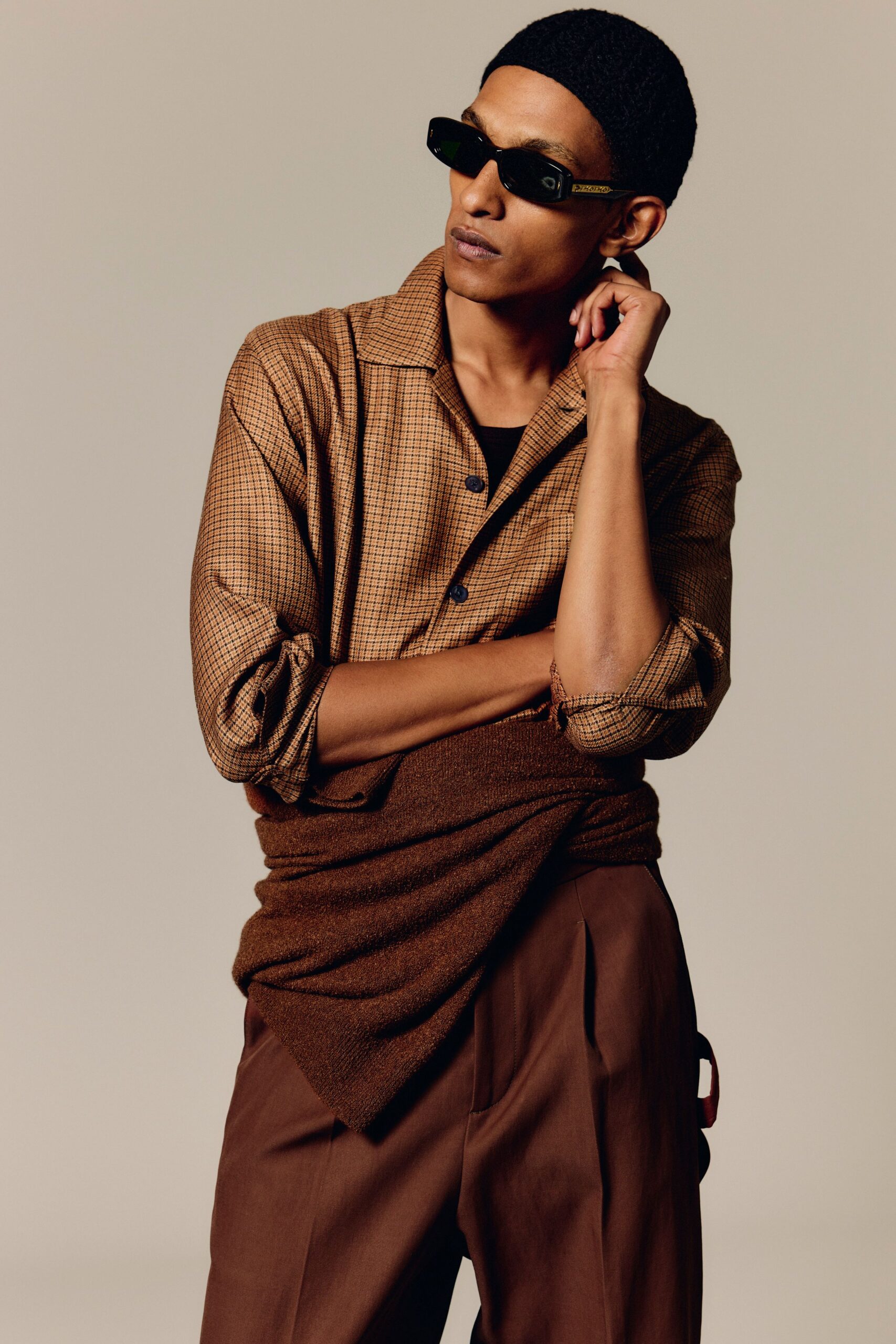 brown checked shirt with tailored pants