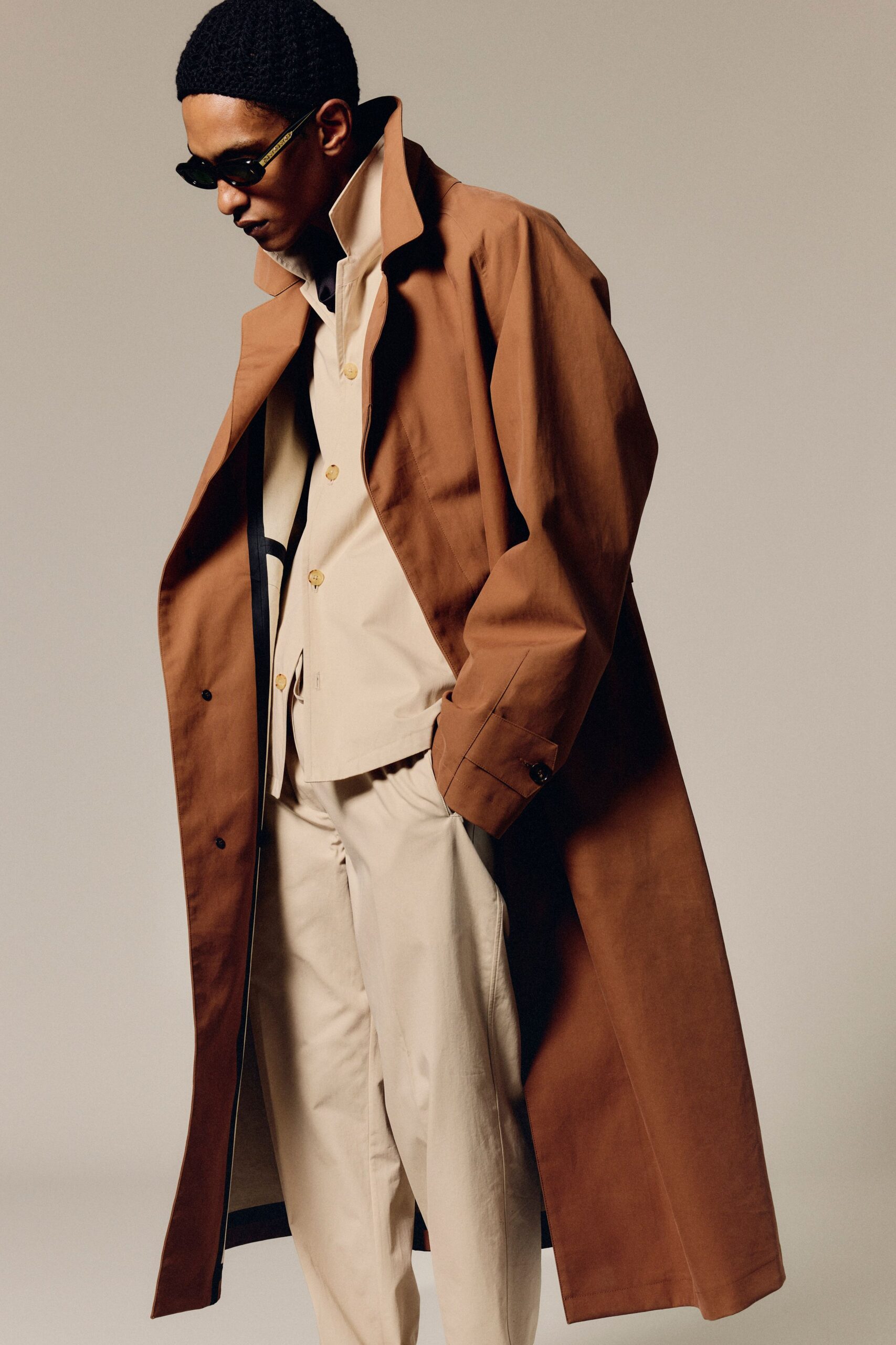 brown cotton long-sleeve collared relaxed buttoned maxi coat