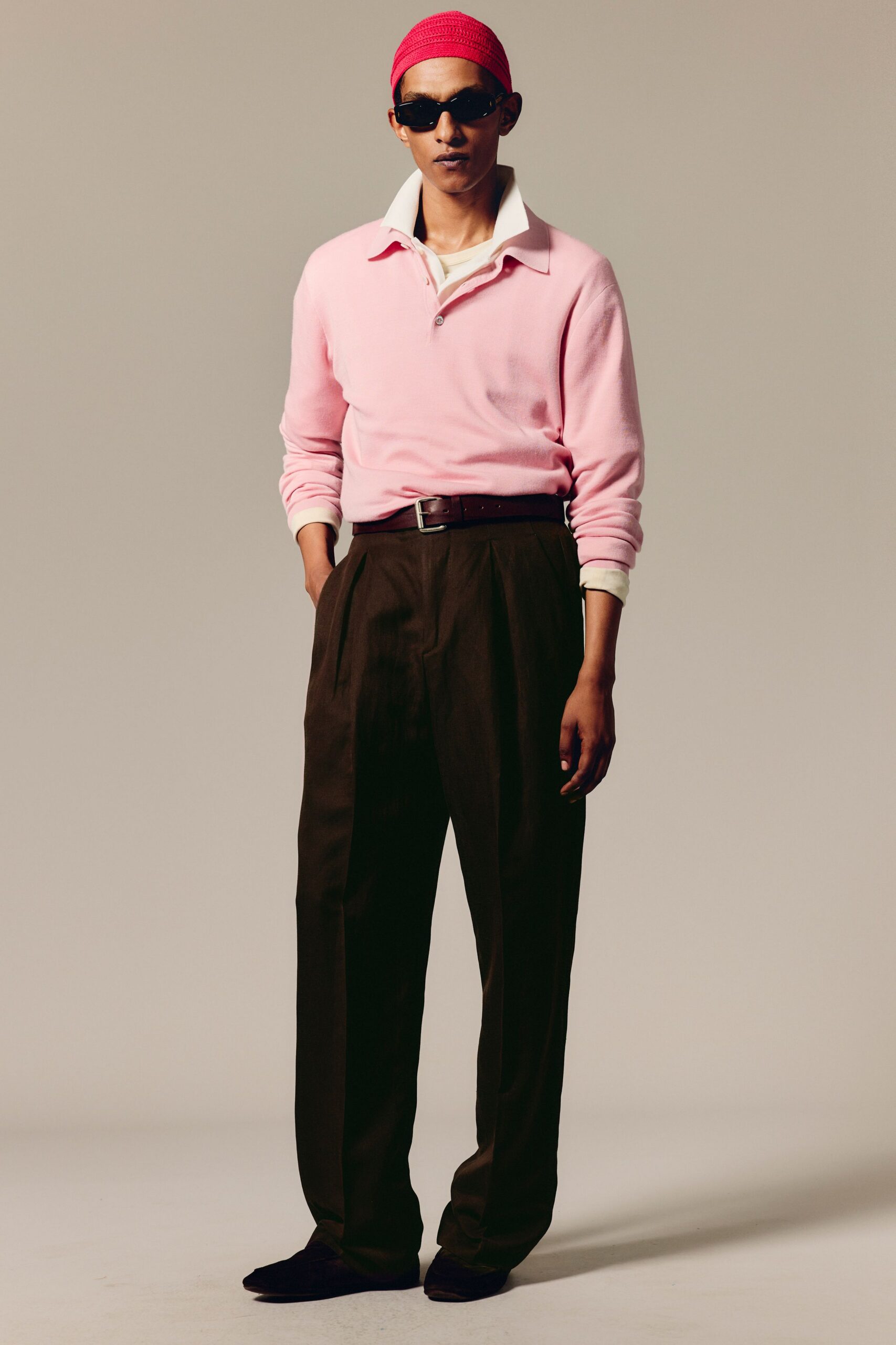 pink relaxed top with brown pants