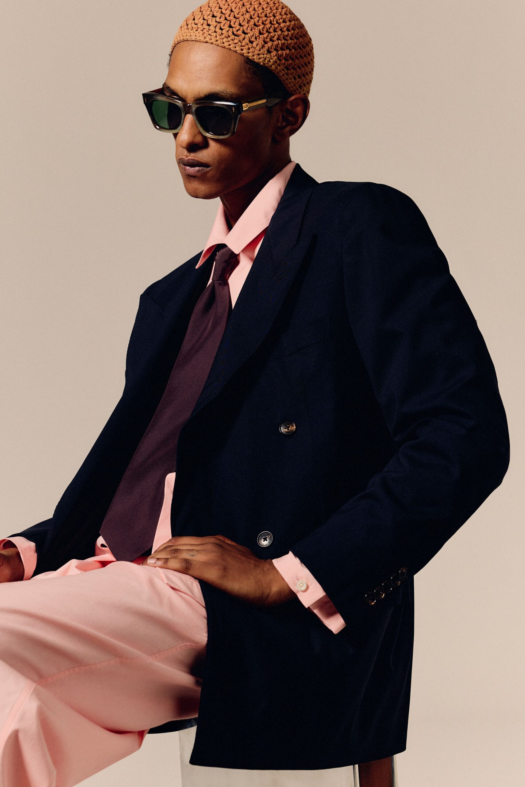 blue cotton long-sleeve collared structured blazer