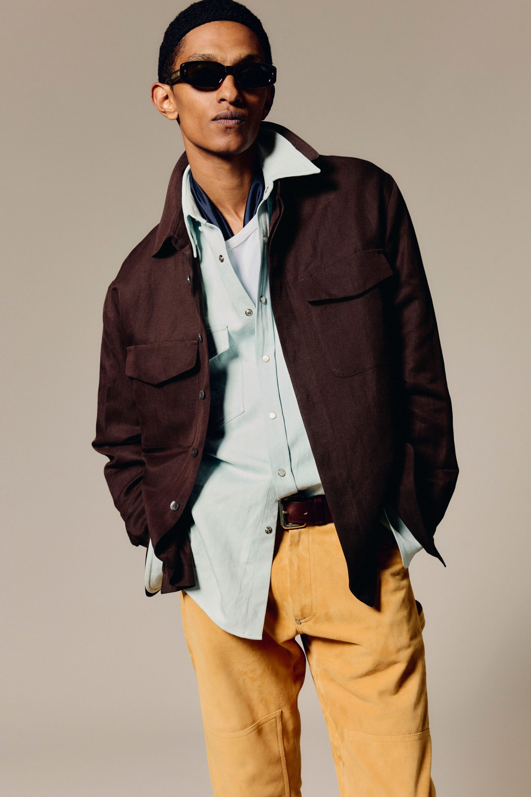 brown cotton long-sleeve collared relaxed buttoned jacket
