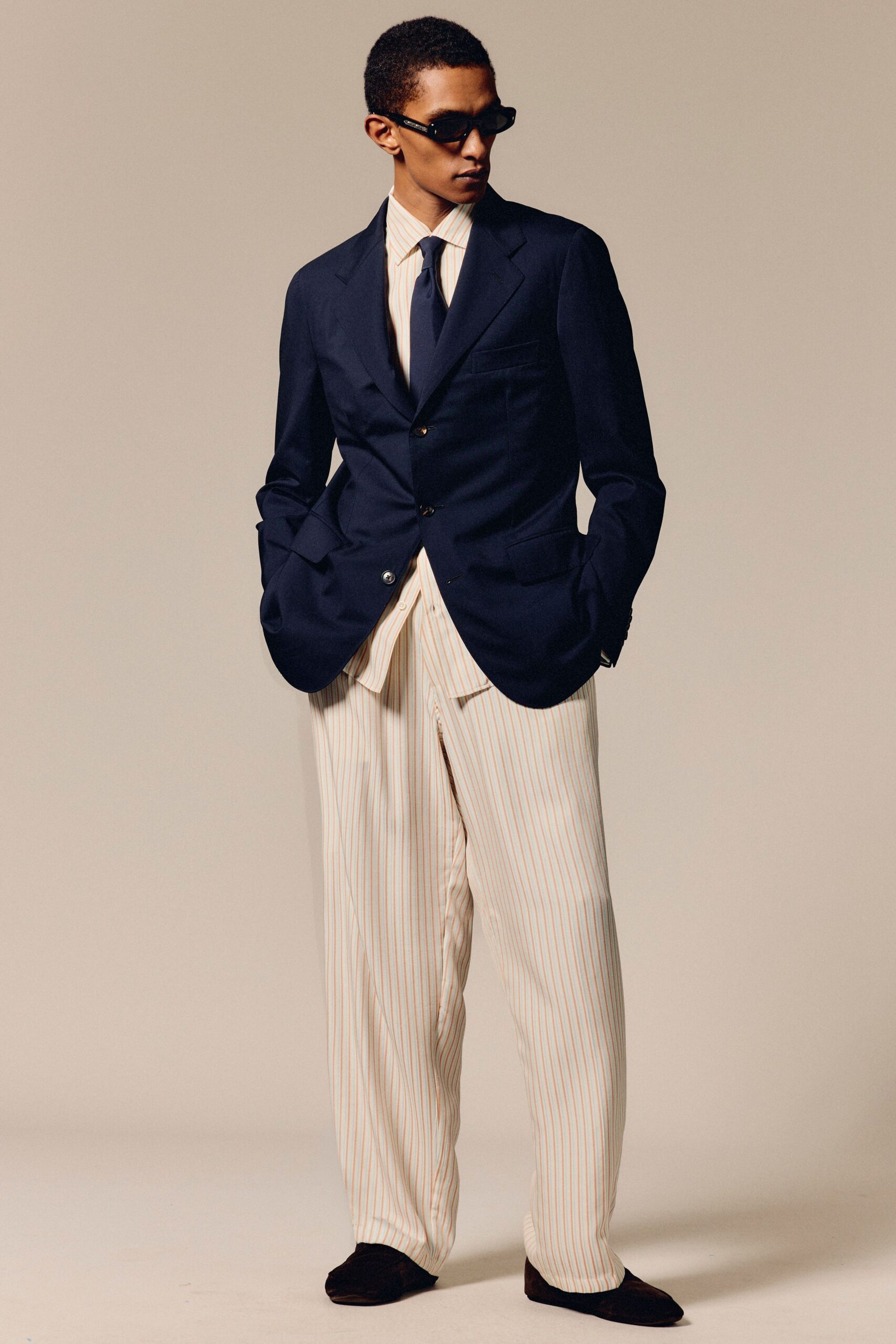 navy blazer with striped pants