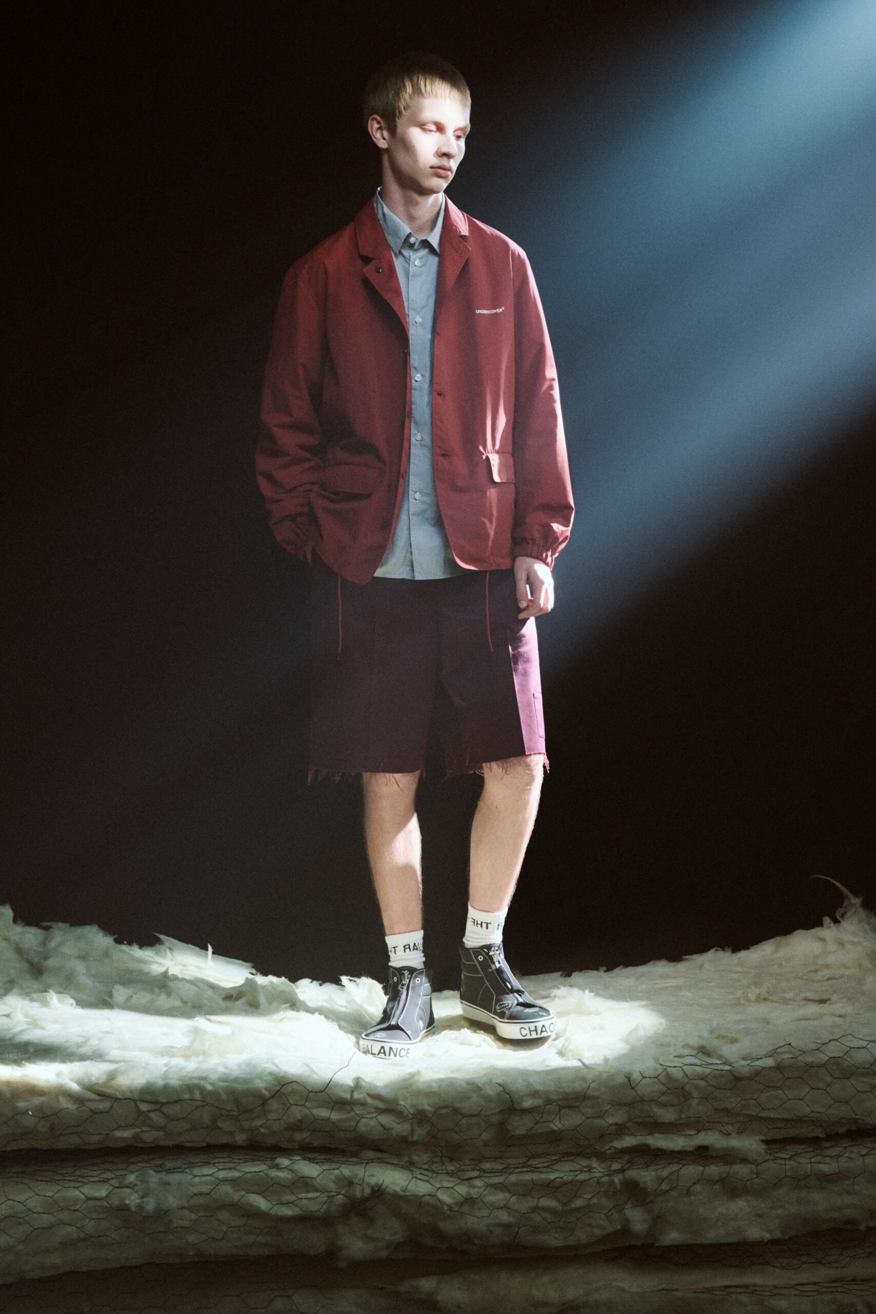 red cotton long-sleeve collared relaxed jacket