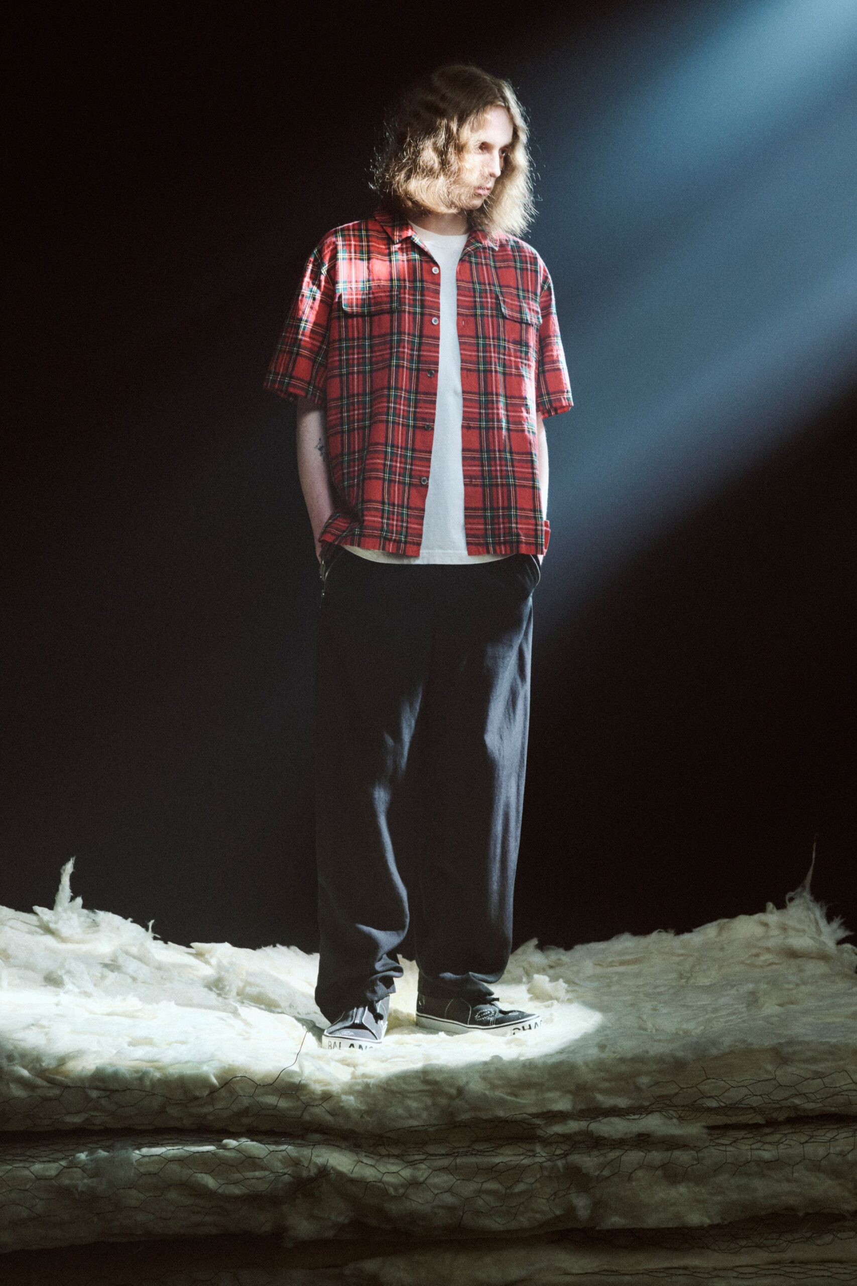 red cotton short-sleeve collared relaxed checked shirt