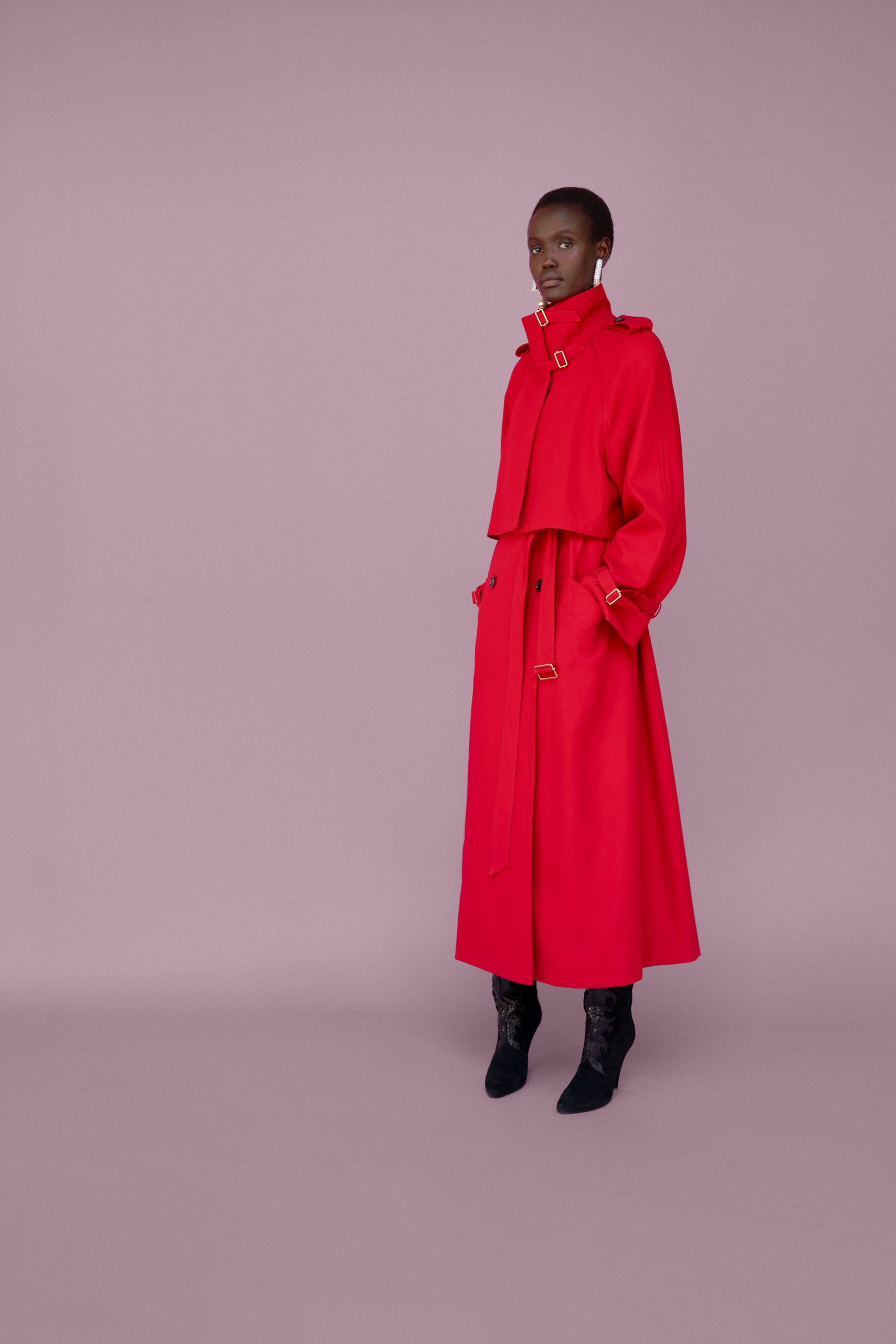red wool long-sleeve collared fitted belted maxi coat