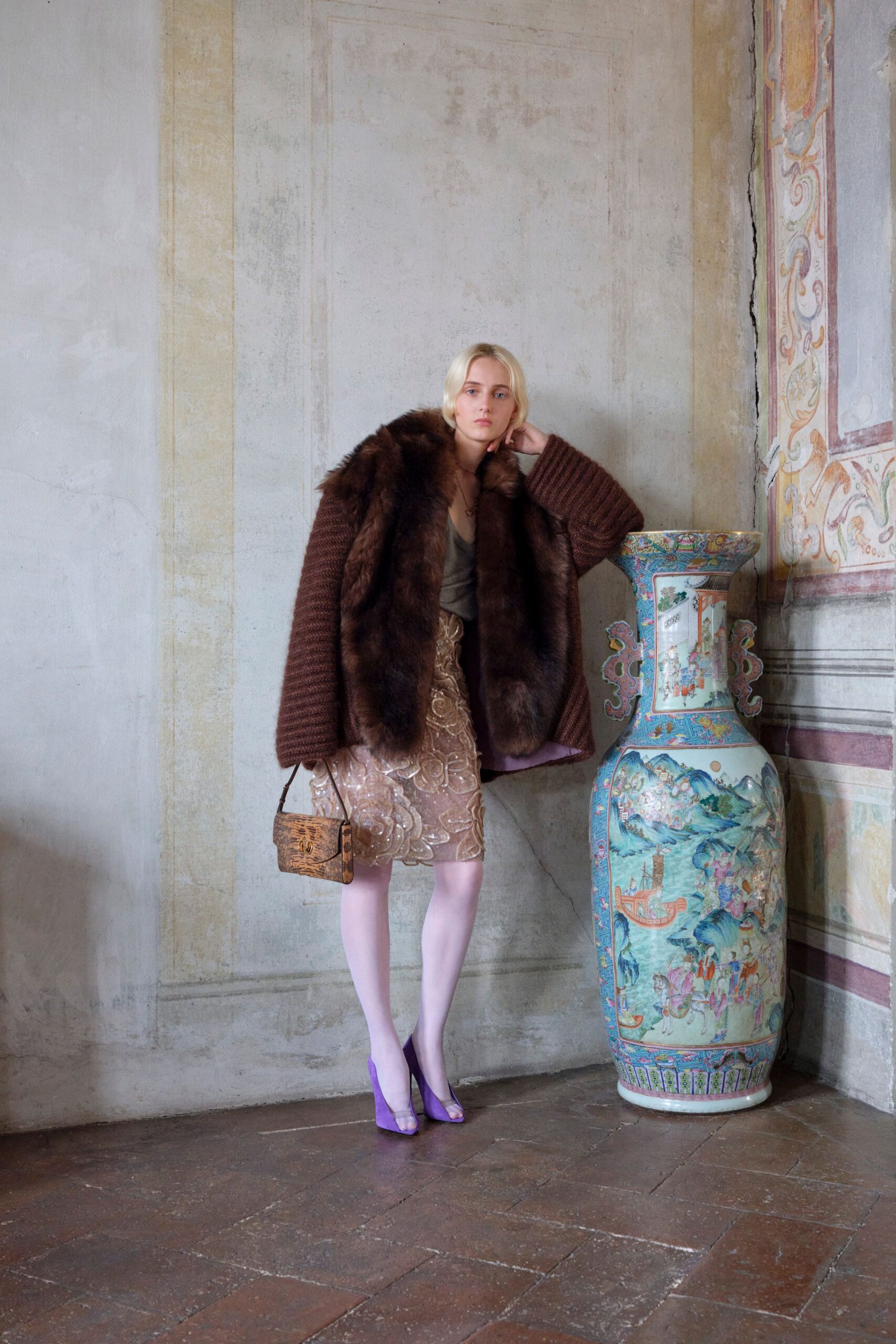 brown fur long-sleeve oversized layered coat