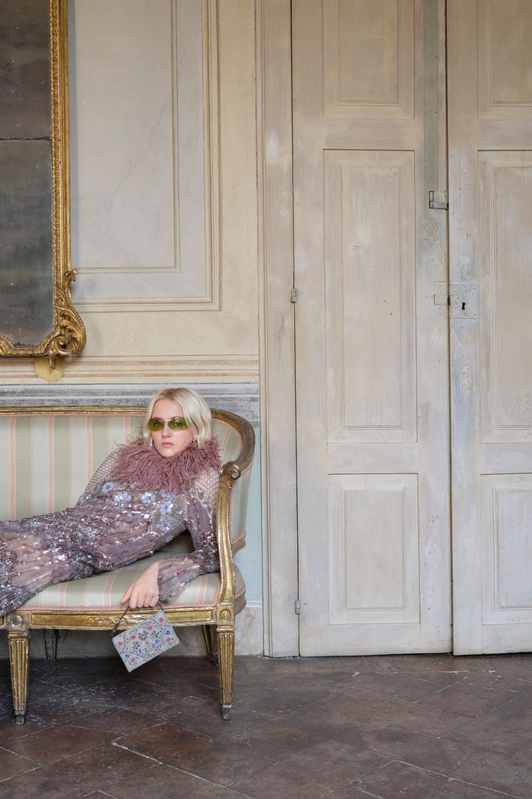 pink sequin long-sleeve high-neck fitted layered shiny gown