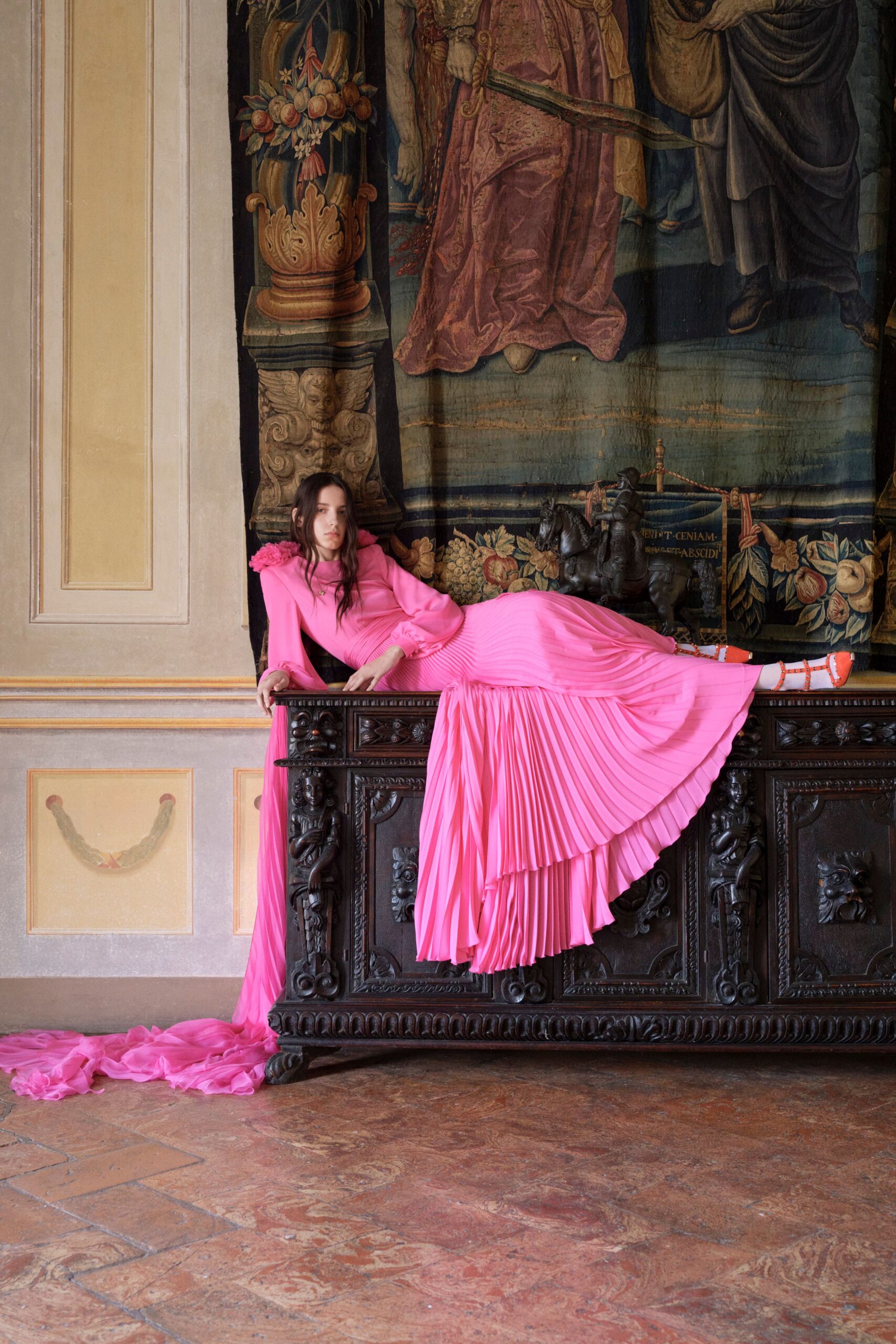 pink silk long-sleeve gown
