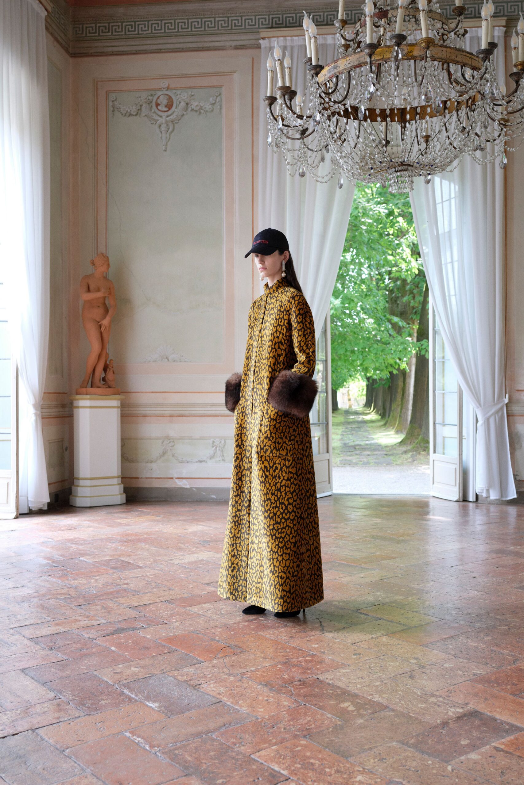 brown fur long-sleeve collared relaxed animal-print maxi coat